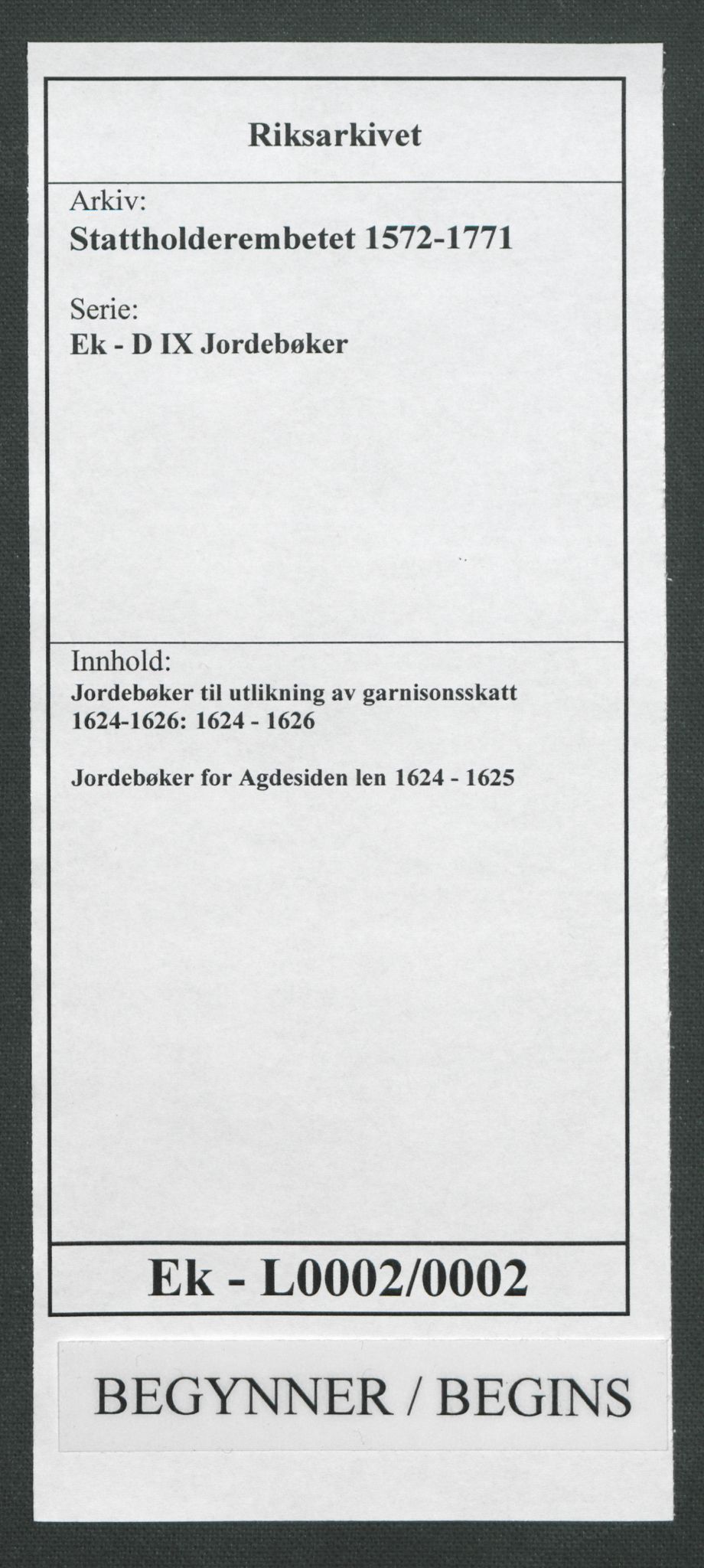 Stattholderembetet 1572-1771, AV/RA-EA-2870/Ek/L0002/0002: Jordebøker til utlikning av garnisonsskatt 1624-1626: / Jordebøker for Agdesiden len, 1624-1625, p. 1