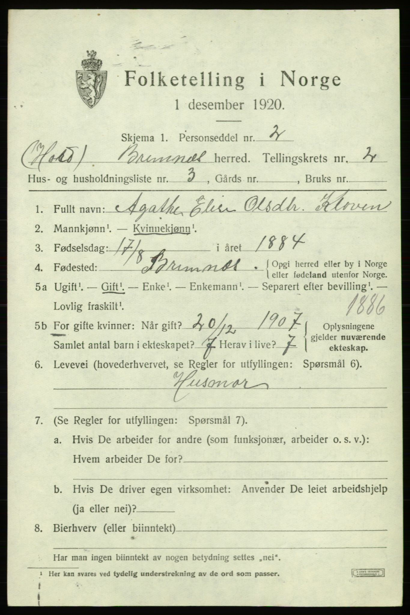 SAB, 1920 census for Bremnes, 1920, p. 1330
