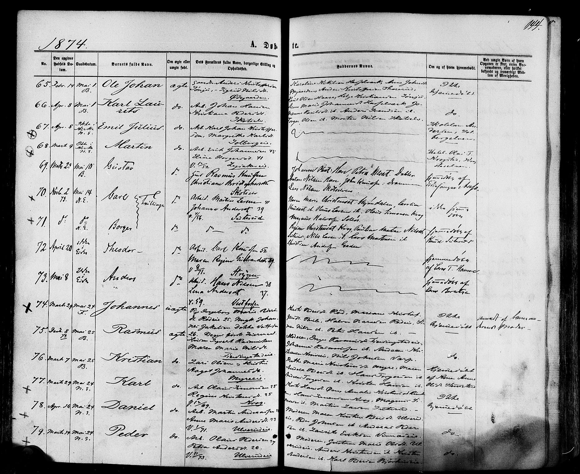 Eiker kirkebøker, SAKO/A-4/F/Fa/L0017: Parish register (official) no. I 17, 1869-1877, p. 144