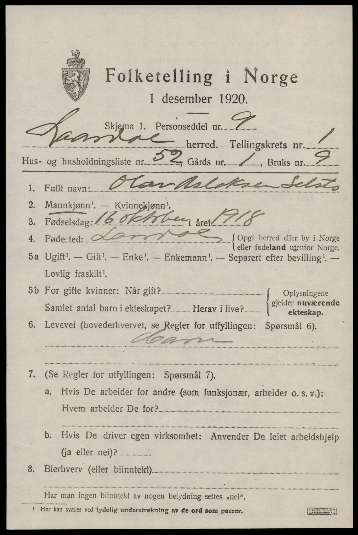 SAKO, 1920 census for Lårdal, 1920, p. 1185