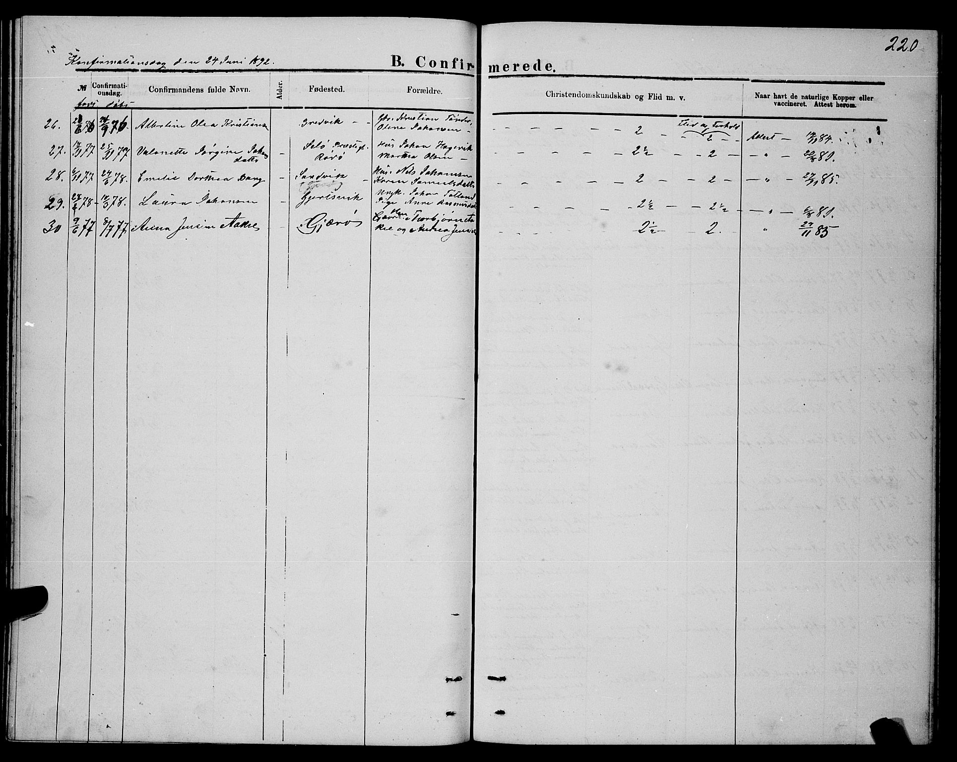Ministerialprotokoller, klokkerbøker og fødselsregistre - Nordland, SAT/A-1459/841/L0620: Parish register (copy) no. 841C04, 1877-1896, p. 220