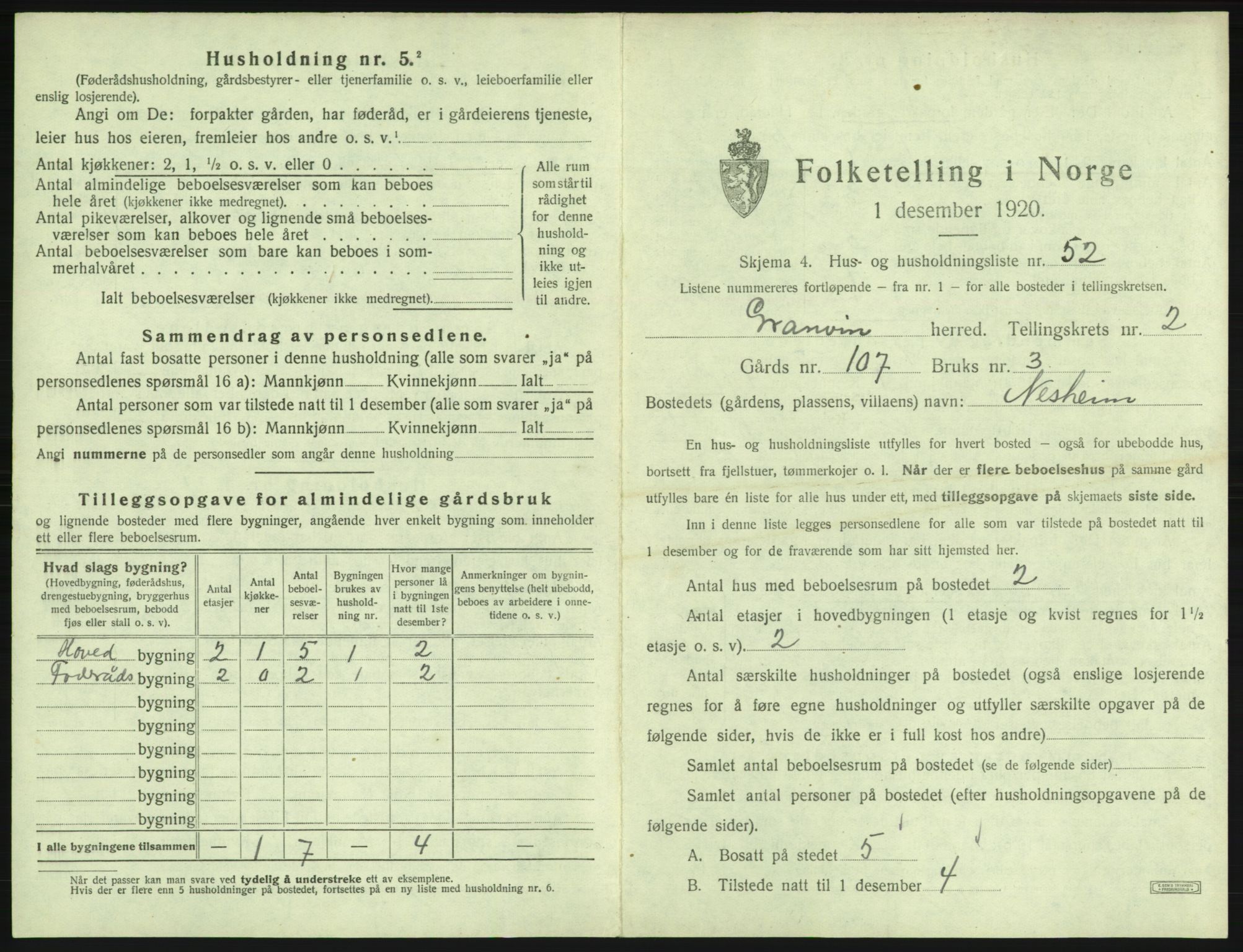 SAB, 1920 census for Granvin, 1920, p. 153