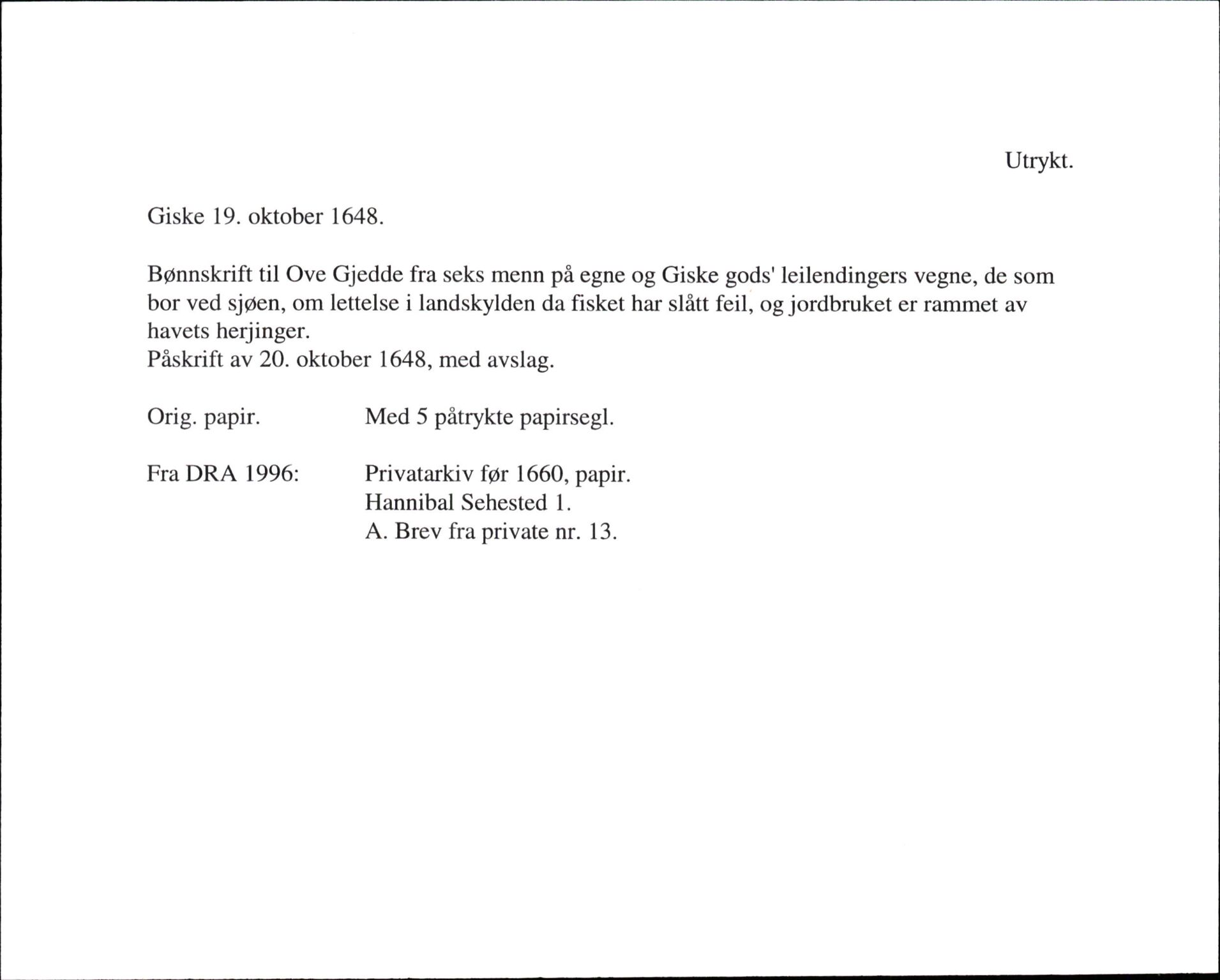 Riksarkivets diplomsamling, AV/RA-EA-5965/F35/F35g/L0001: Seddelregistratur: Fra DRA 1996, p. 15