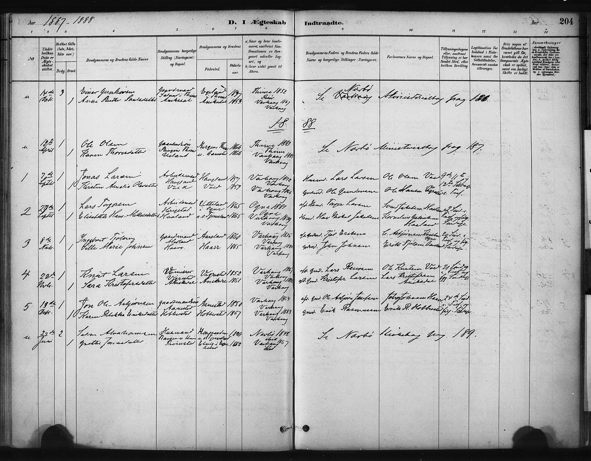 Hå sokneprestkontor, AV/SAST-A-101801/001/30BA/L0011: Parish register (official) no. A 10, 1879-1900, p. 204