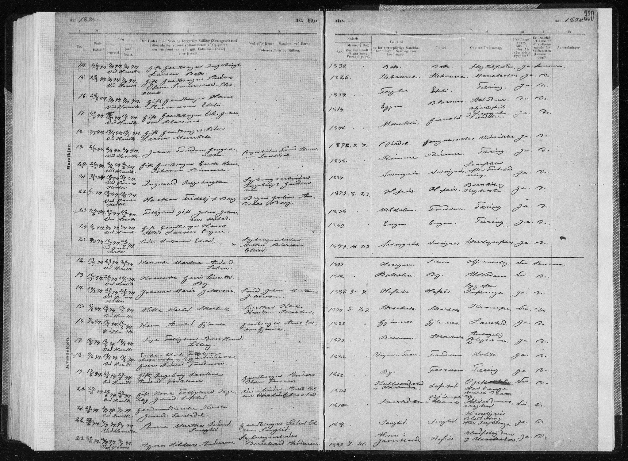 Ministerialprotokoller, klokkerbøker og fødselsregistre - Sør-Trøndelag, SAT/A-1456/668/L0818: Parish register (copy) no. 668C07, 1885-1898, p. 330