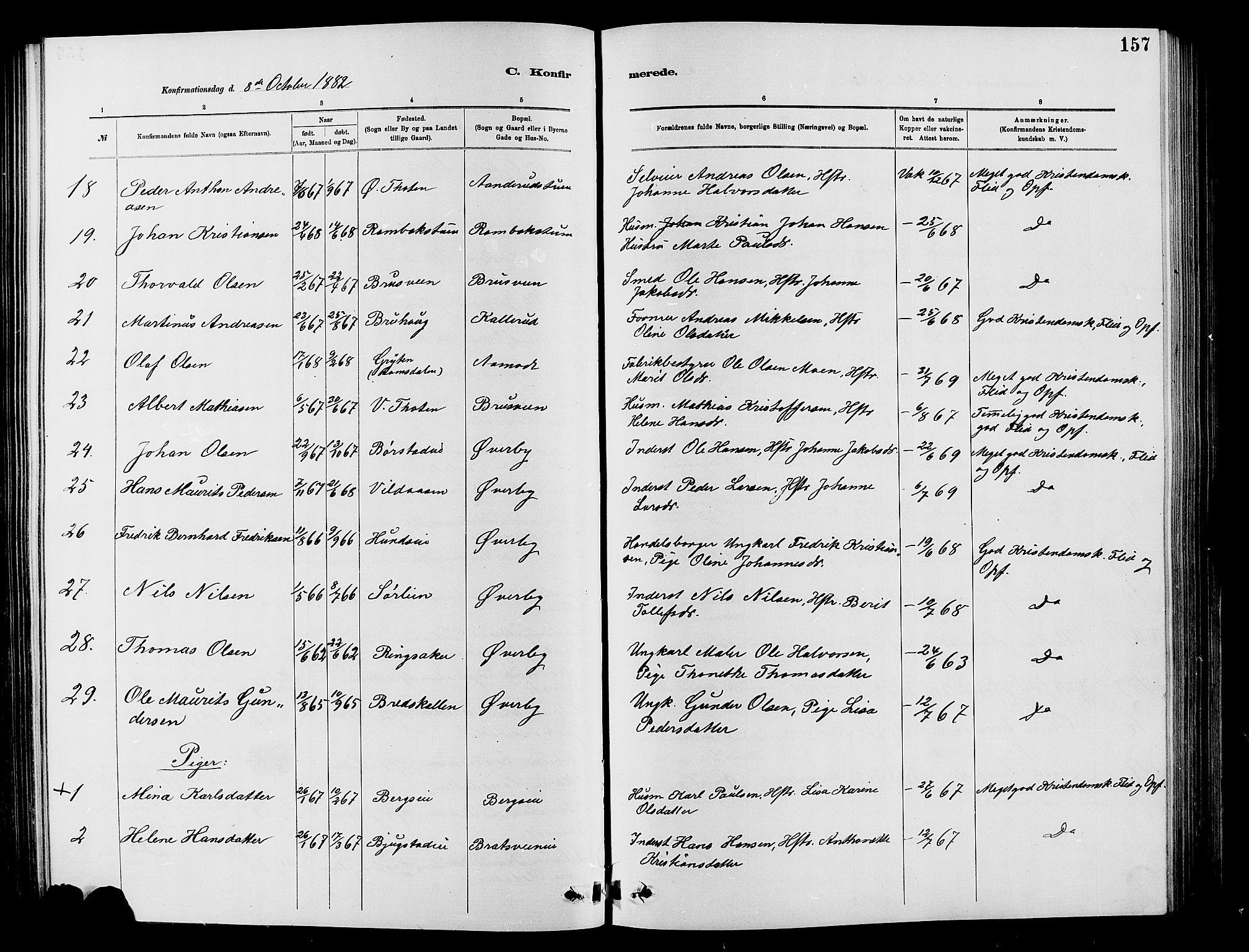 Vardal prestekontor, SAH/PREST-100/H/Ha/Hab/L0007: Parish register (copy) no. 7 /1, 1881-1895, p. 157