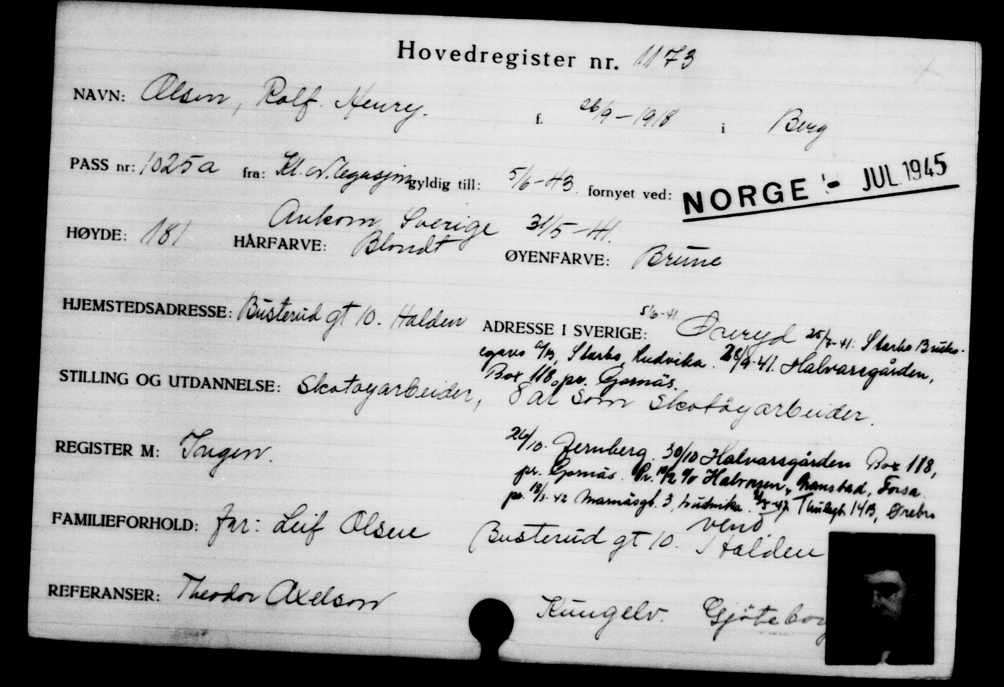 Utenriksstasjonene, Legasjonen i Stockholm, Flyktningkontoret, AV/RA-S-6753/V/Va/L0002: Kjesäterkartoteket, flyktninger med registreringsnr. 1001-2000, 1940-1945, p. 266