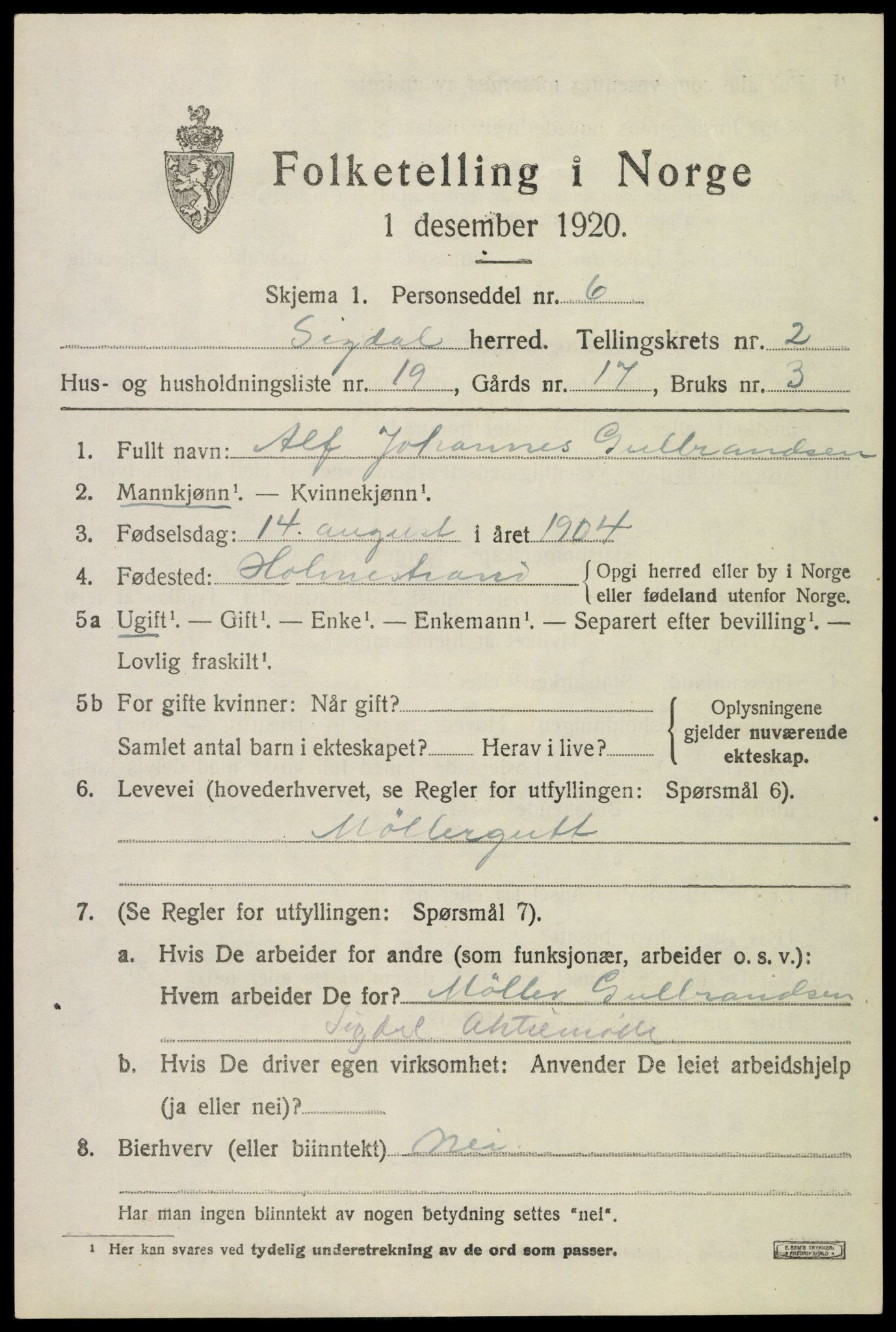 SAKO, 1920 census for Sigdal, 1920, p. 2236