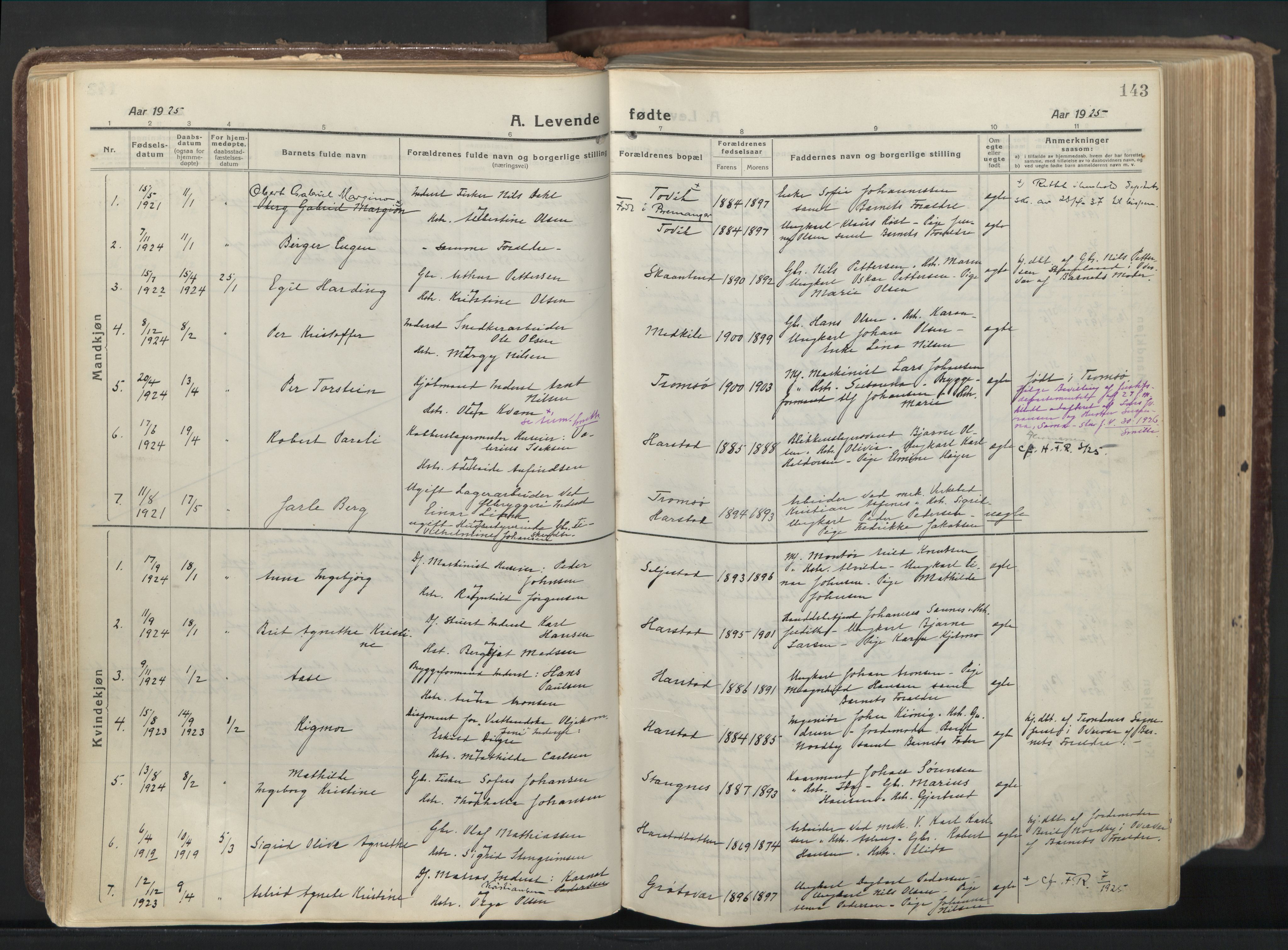 Trondenes sokneprestkontor, SATØ/S-1319/H/Ha/L0019kirke: Parish register (official) no. 19, 1919-1928, p. 143