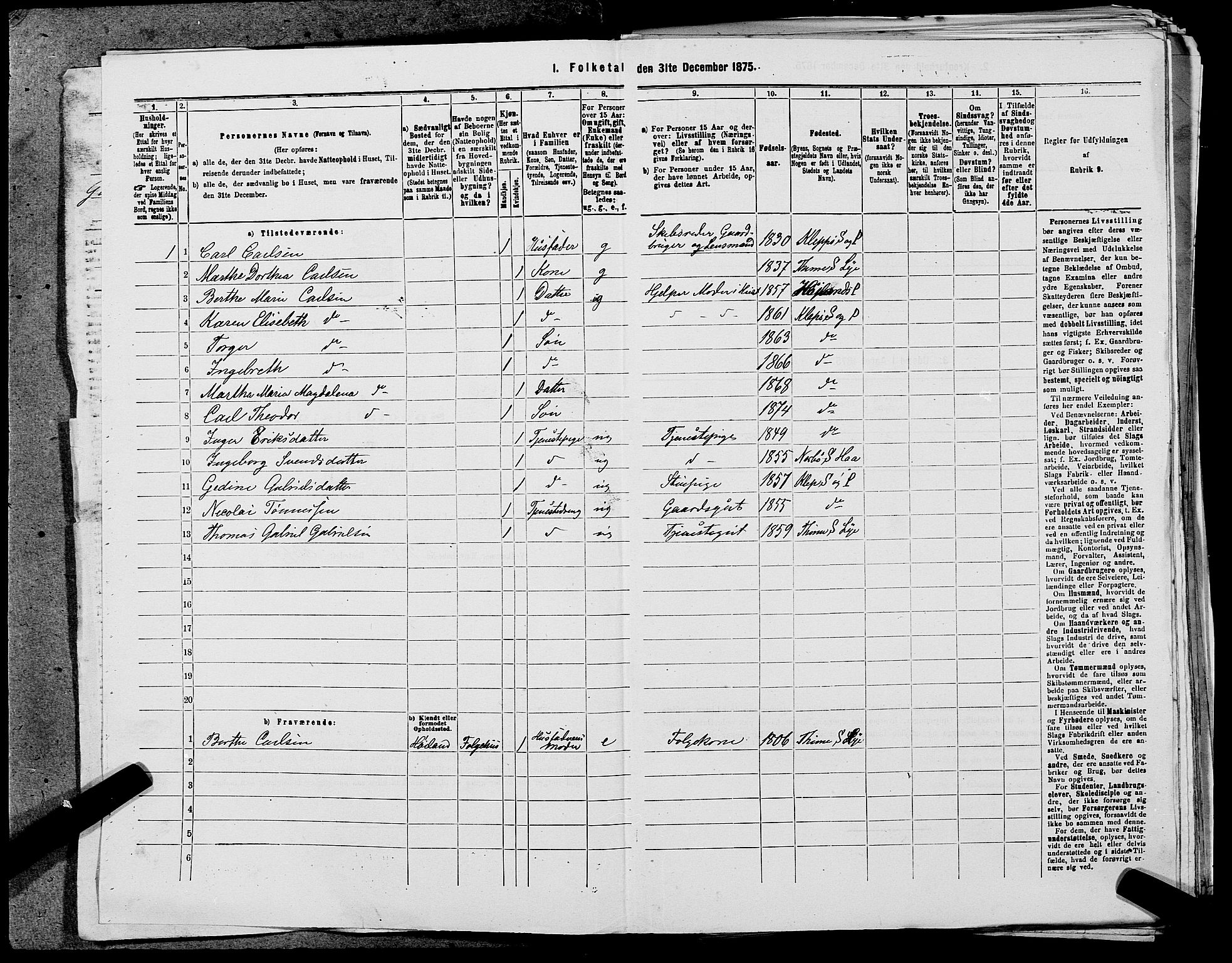 SAST, 1875 census for 1120P Klepp, 1875, p. 358