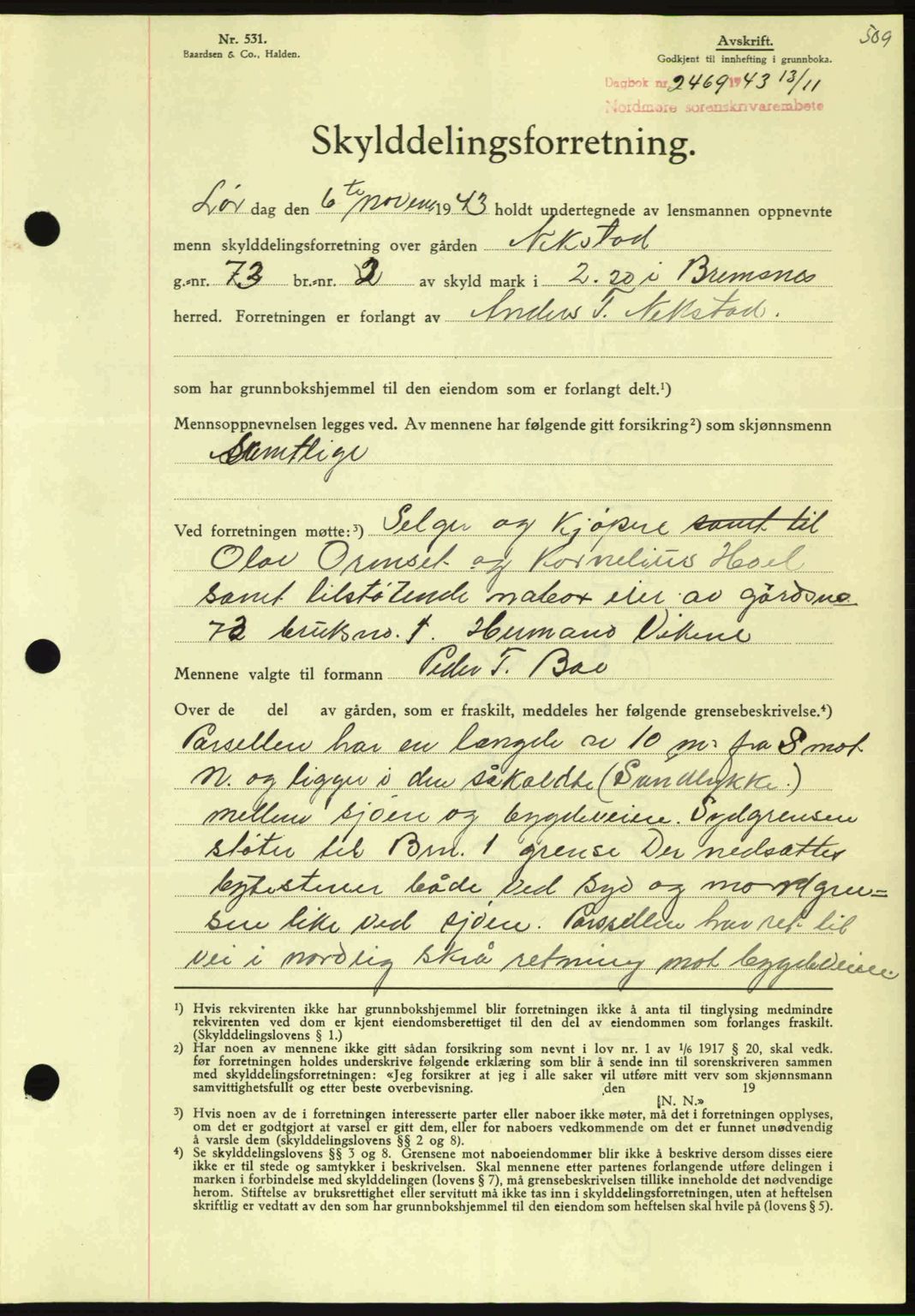 Nordmøre sorenskriveri, SAT/A-4132/1/2/2Ca: Mortgage book no. A96, 1943-1944, Diary no: : 2469/1943