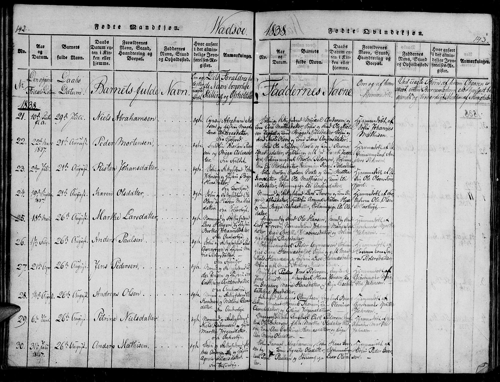 Vadsø sokneprestkontor, SATØ/S-1325/H/Ha/L0003kirke: Parish register (official) no. 3 /1, 1821-1839, p. 142-143