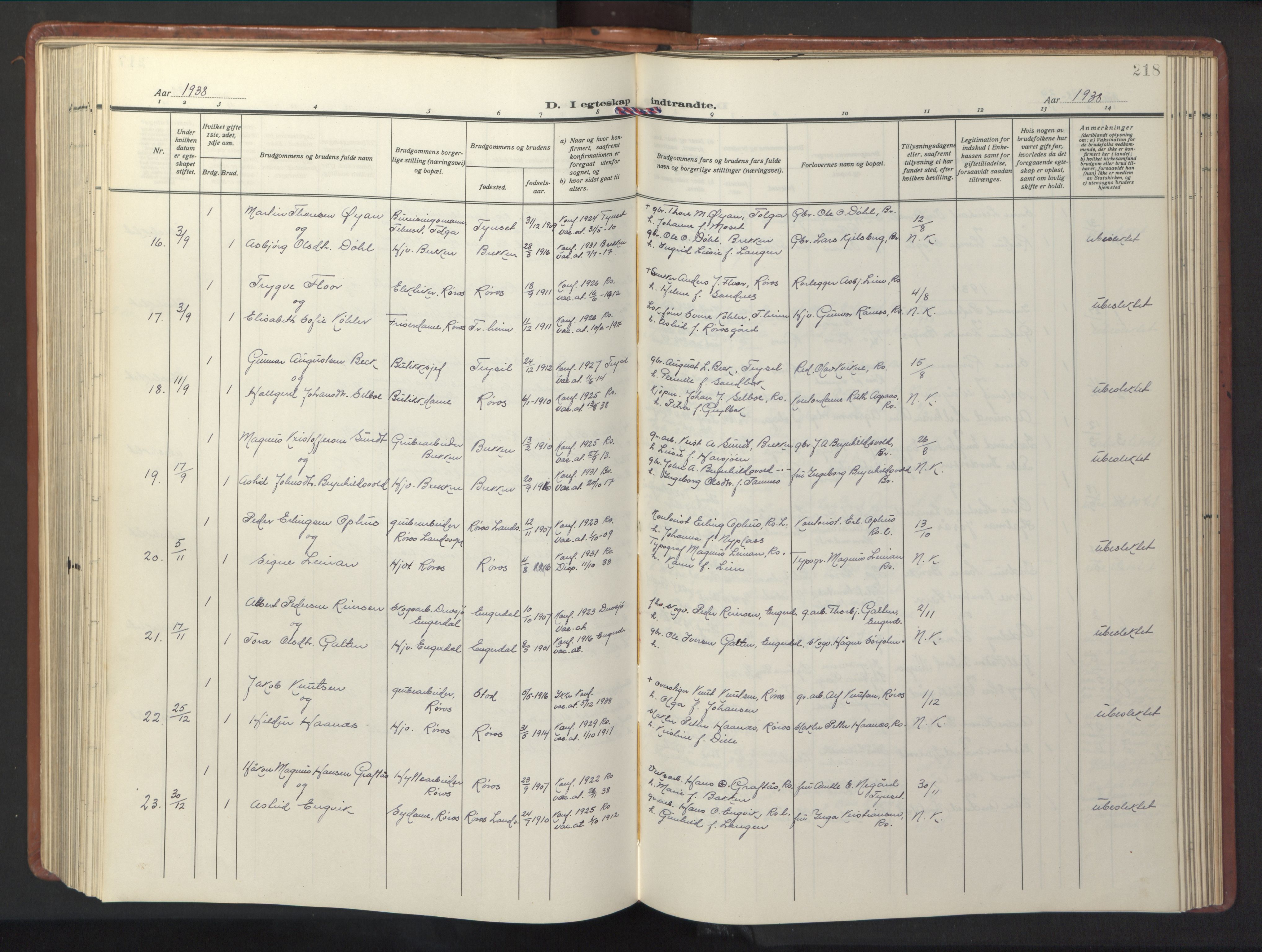 Ministerialprotokoller, klokkerbøker og fødselsregistre - Sør-Trøndelag, SAT/A-1456/681/L0943: Parish register (copy) no. 681C07, 1926-1954, p. 218