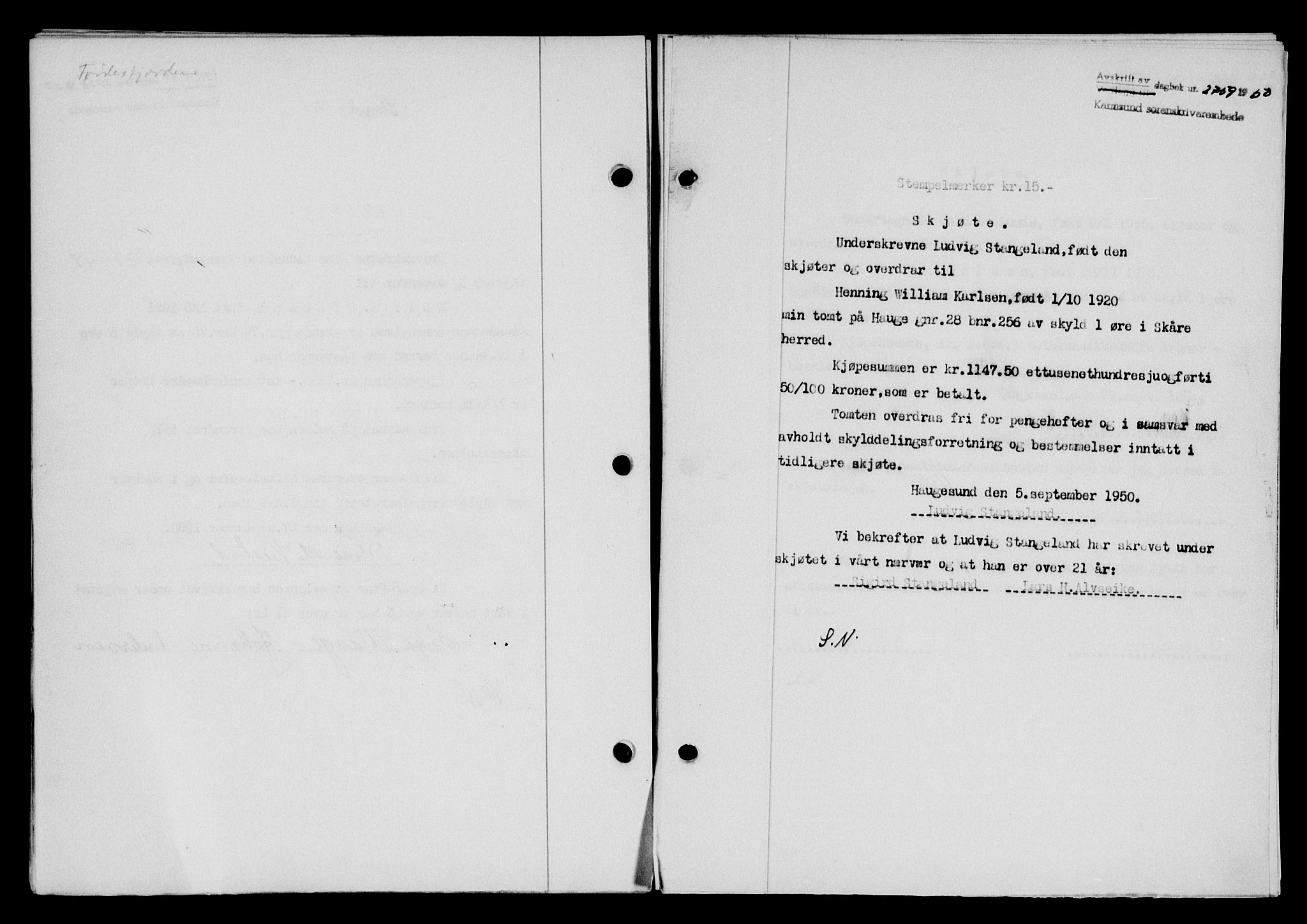 Karmsund sorenskriveri, SAST/A-100311/01/II/IIB/L0101: Mortgage book no. 81A, 1950-1951, Diary no: : 2759/1950