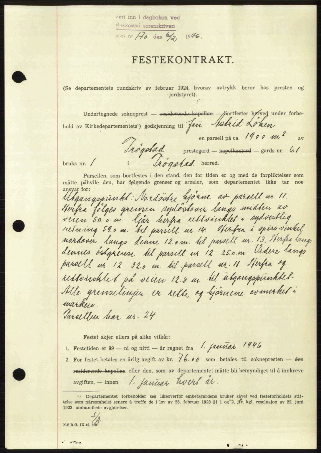 Rakkestad sorenskriveri, AV/SAO-A-10686/G/Gb/Gba/Gbab/L0012a: Mortgage book no. A12 I, 1945-1946, Diary no: : 170/1946