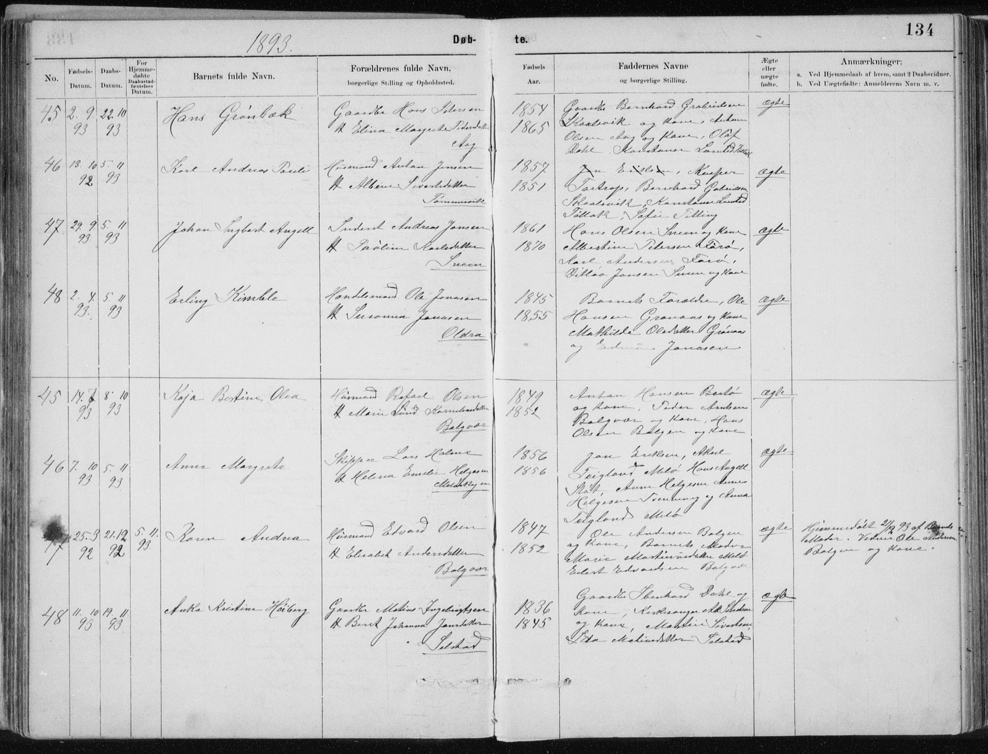 Ministerialprotokoller, klokkerbøker og fødselsregistre - Nordland, SAT/A-1459/843/L0636: Parish register (copy) no. 843C05, 1884-1909, p. 134