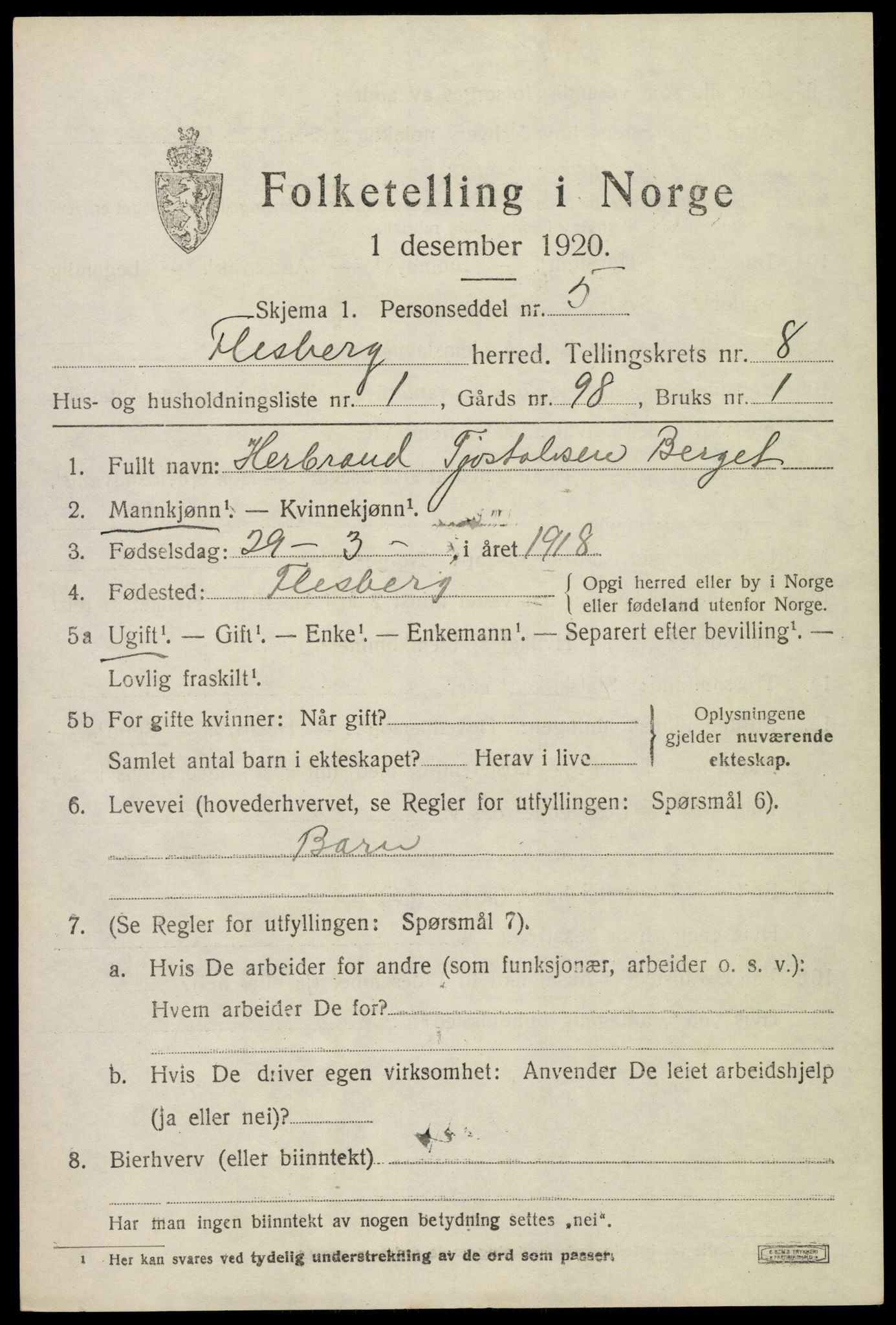 SAKO, 1920 census for Flesberg, 1920, p. 3059