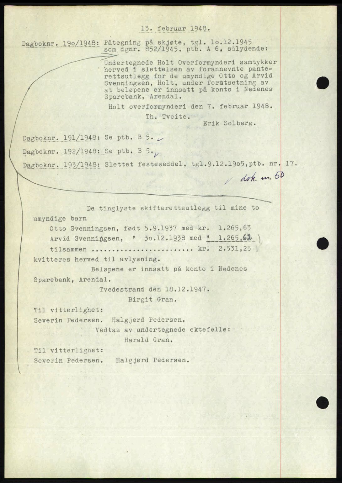 Nedenes sorenskriveri, AV/SAK-1221-0006/G/Gb/Gba/L0058: Mortgage book no. A10, 1947-1948, Diary no: : 190/1948