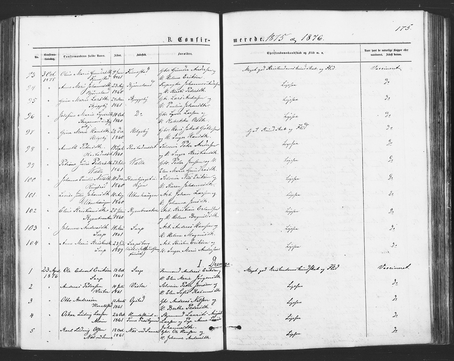 Tune prestekontor Kirkebøker, SAO/A-2007/F/Fa/L0016: Parish register (official) no. 16, 1874-1877, p. 175