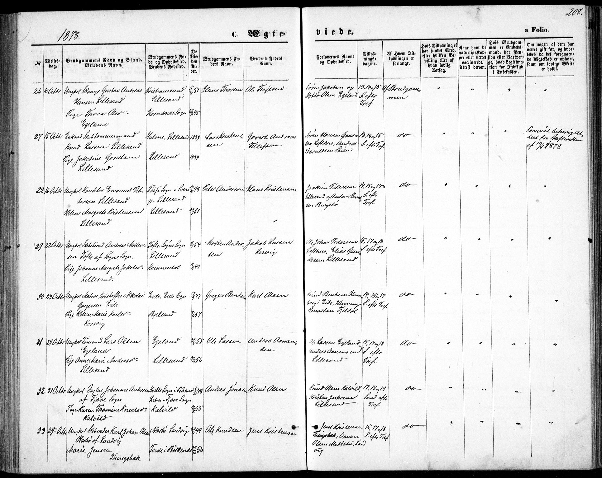 Vestre Moland sokneprestkontor, SAK/1111-0046/F/Fb/Fbb/L0005: Parish register (copy) no. B 5, 1872-1883, p. 208