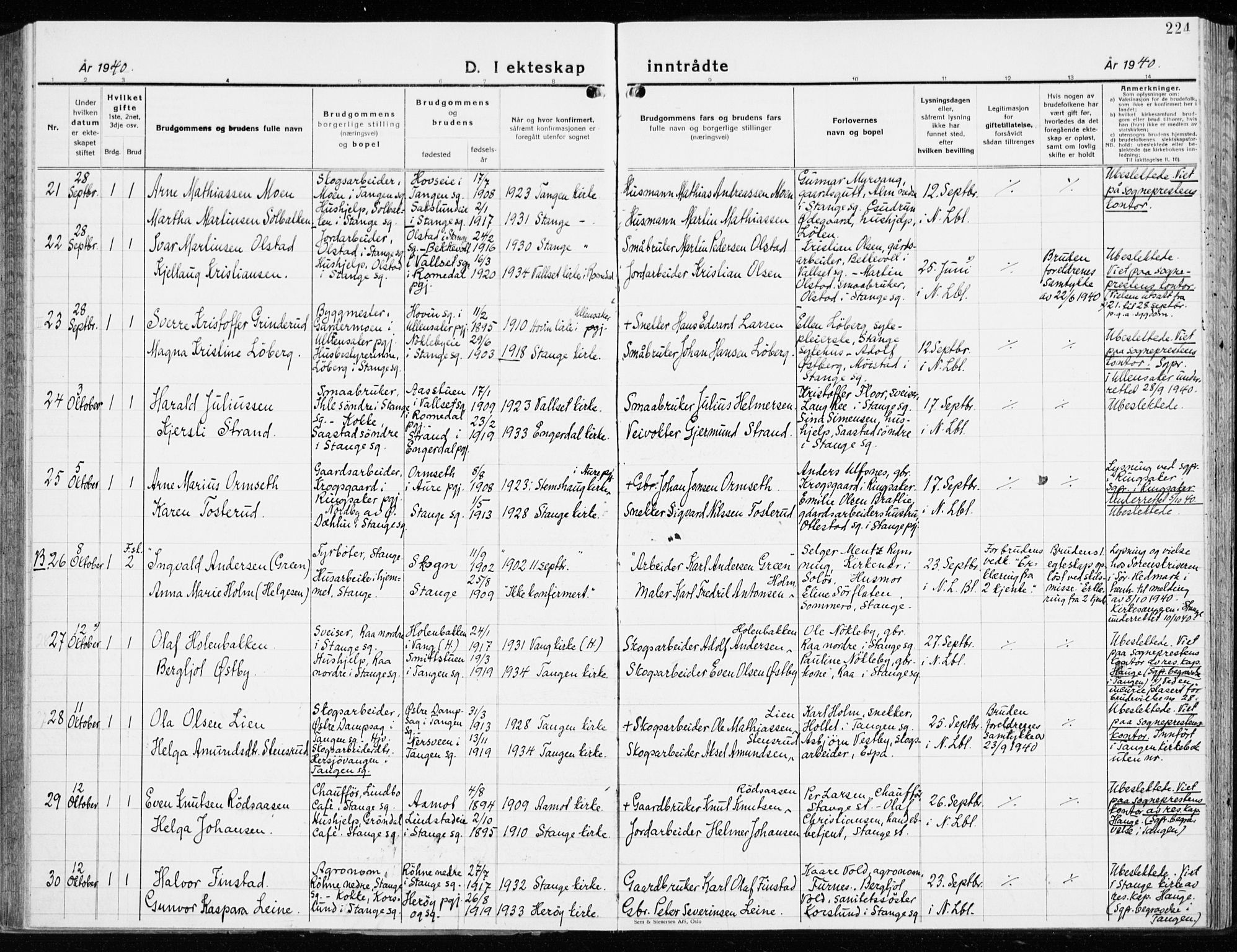 Stange prestekontor, AV/SAH-PREST-002/K/L0027: Parish register (official) no. 27, 1937-1947, p. 224