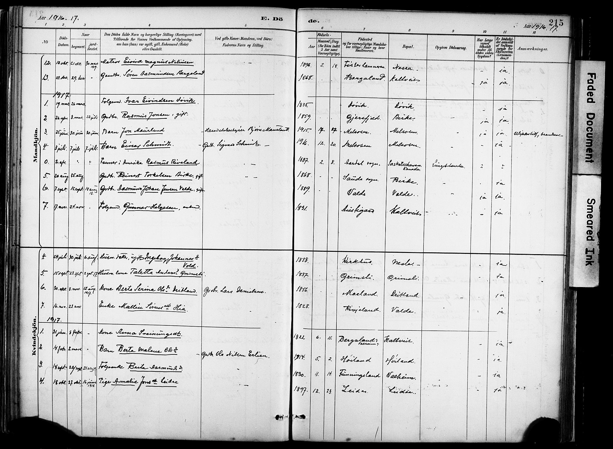 Hjelmeland sokneprestkontor, AV/SAST-A-101843/02/A/L0001: Parish register (official) no. A 16, 1887-1926, p. 215