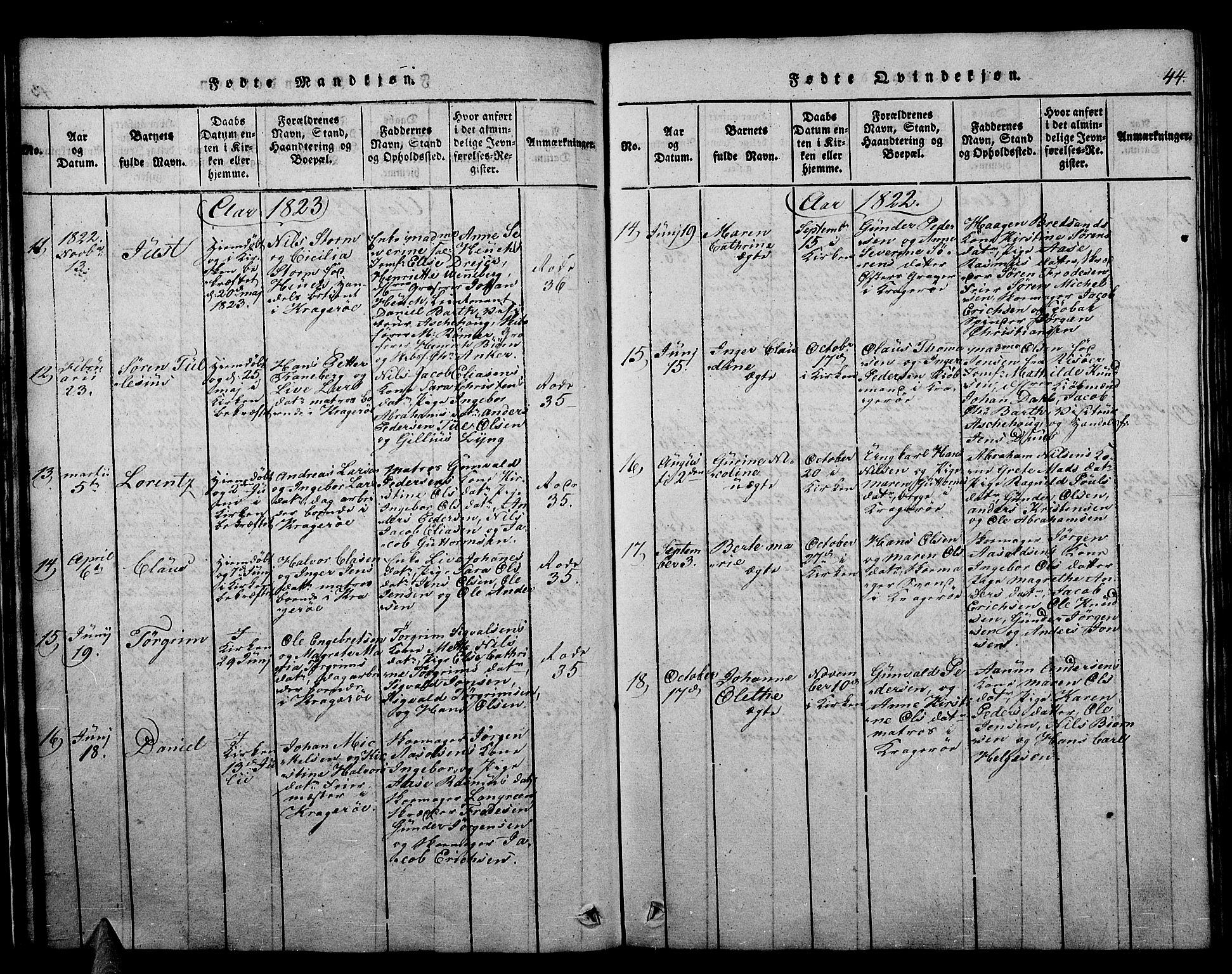 Kragerø kirkebøker, SAKO/A-278/F/Fa/L0004: Parish register (official) no. 4, 1814-1831, p. 44
