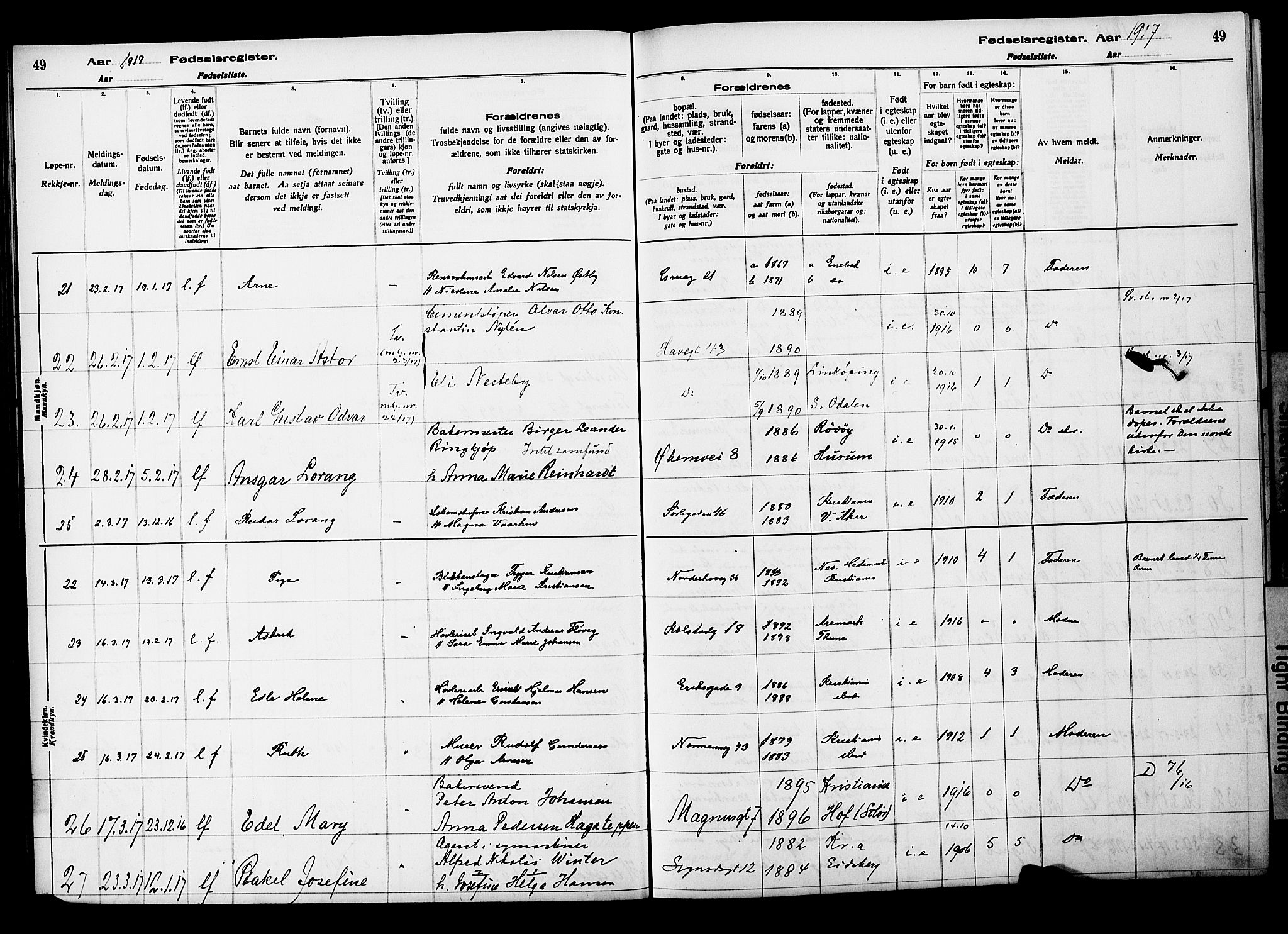 Kampen prestekontor Kirkebøker, SAO/A-10853/J/Ja/L0001: Birth register no. 1, 1916-1920, p. 49