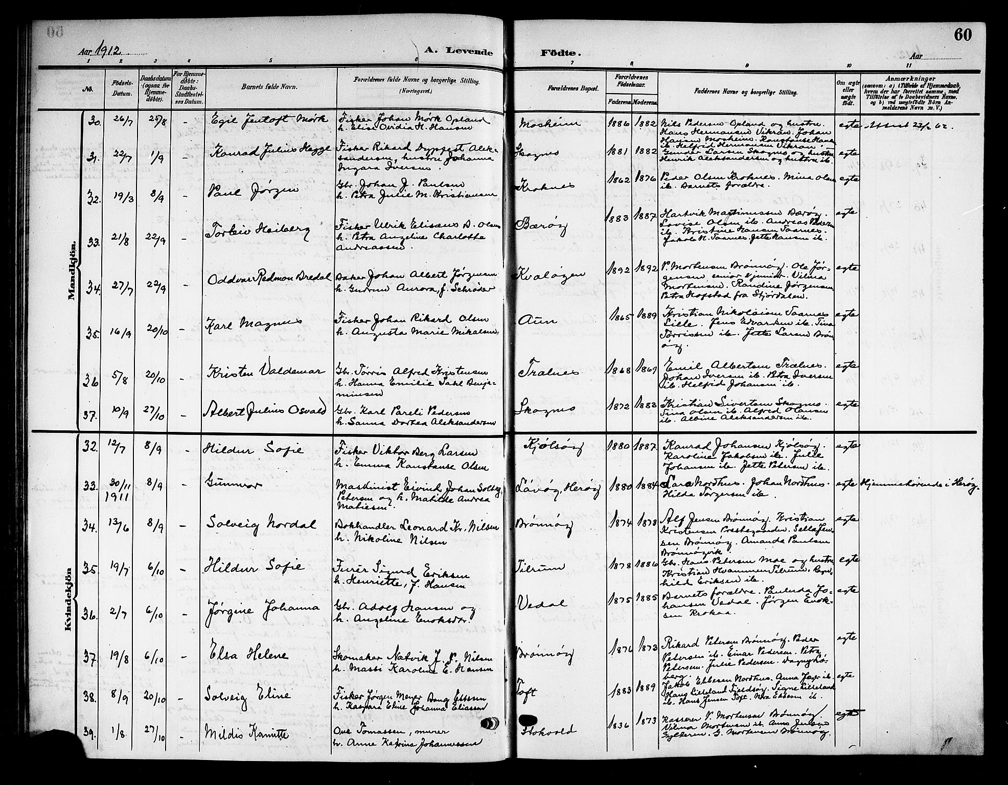 Ministerialprotokoller, klokkerbøker og fødselsregistre - Nordland, AV/SAT-A-1459/813/L0214: Parish register (copy) no. 813C06, 1904-1917, p. 60