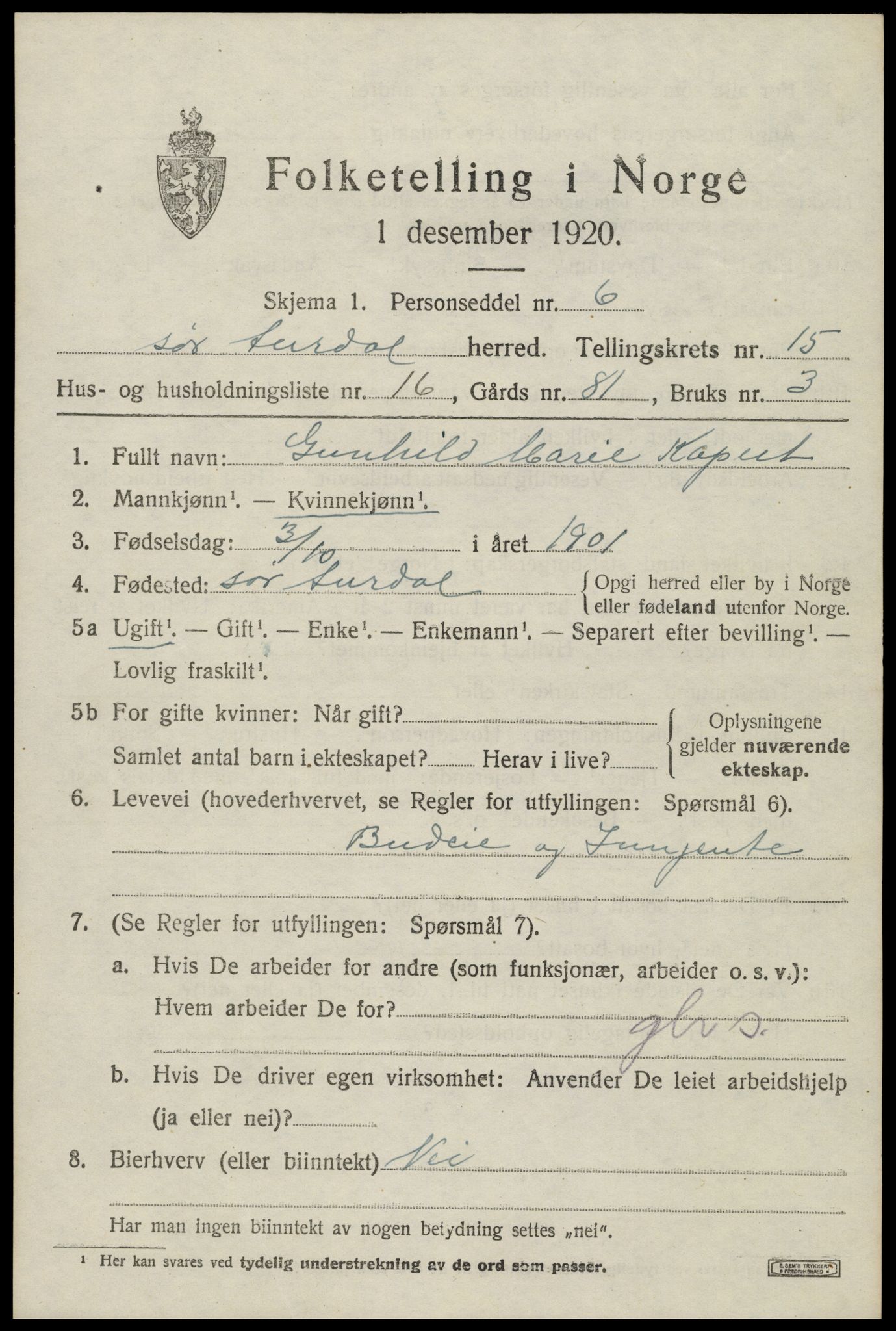 SAH, 1920 census for Sør-Aurdal, 1920, p. 8395