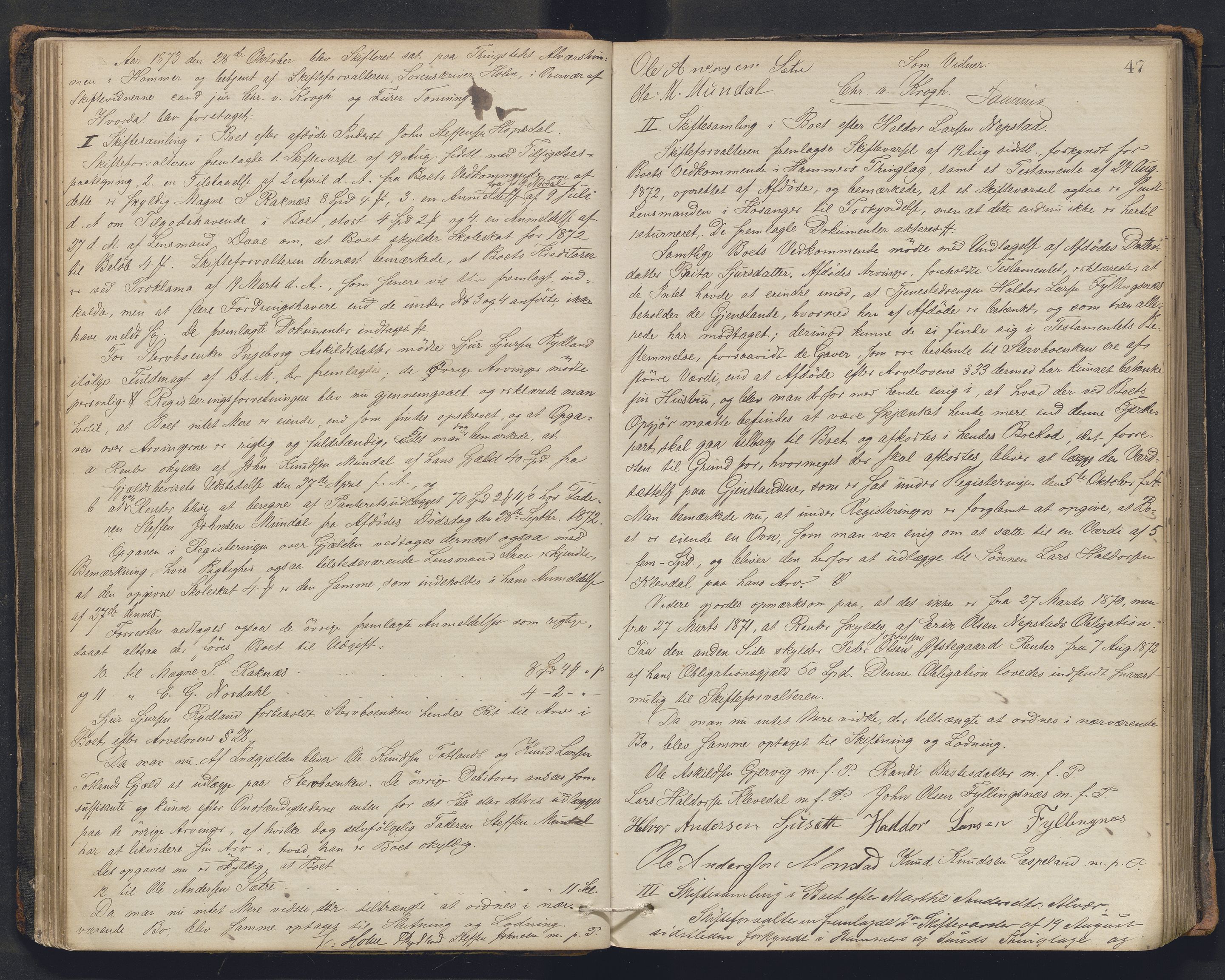 Nordhordland sorenskrivar, AV/SAB-A-2901/1/H/Hc/L0002: Skifteforhandlingsprotokollar, 1871-1878, p. 47