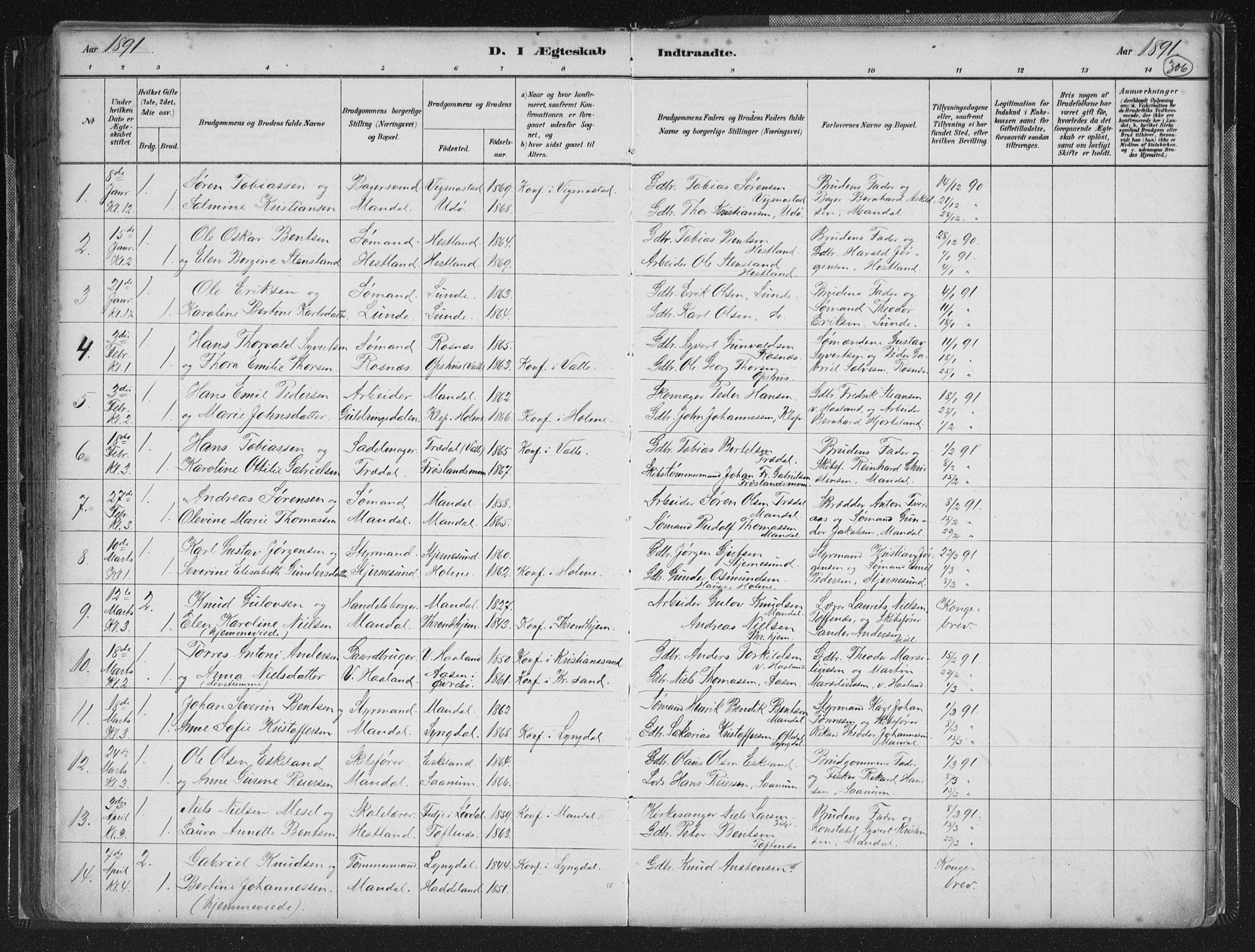 Mandal sokneprestkontor, AV/SAK-1111-0030/F/Fb/Fba/L0011: Parish register (copy) no. B 5, 1880-1898, p. 306