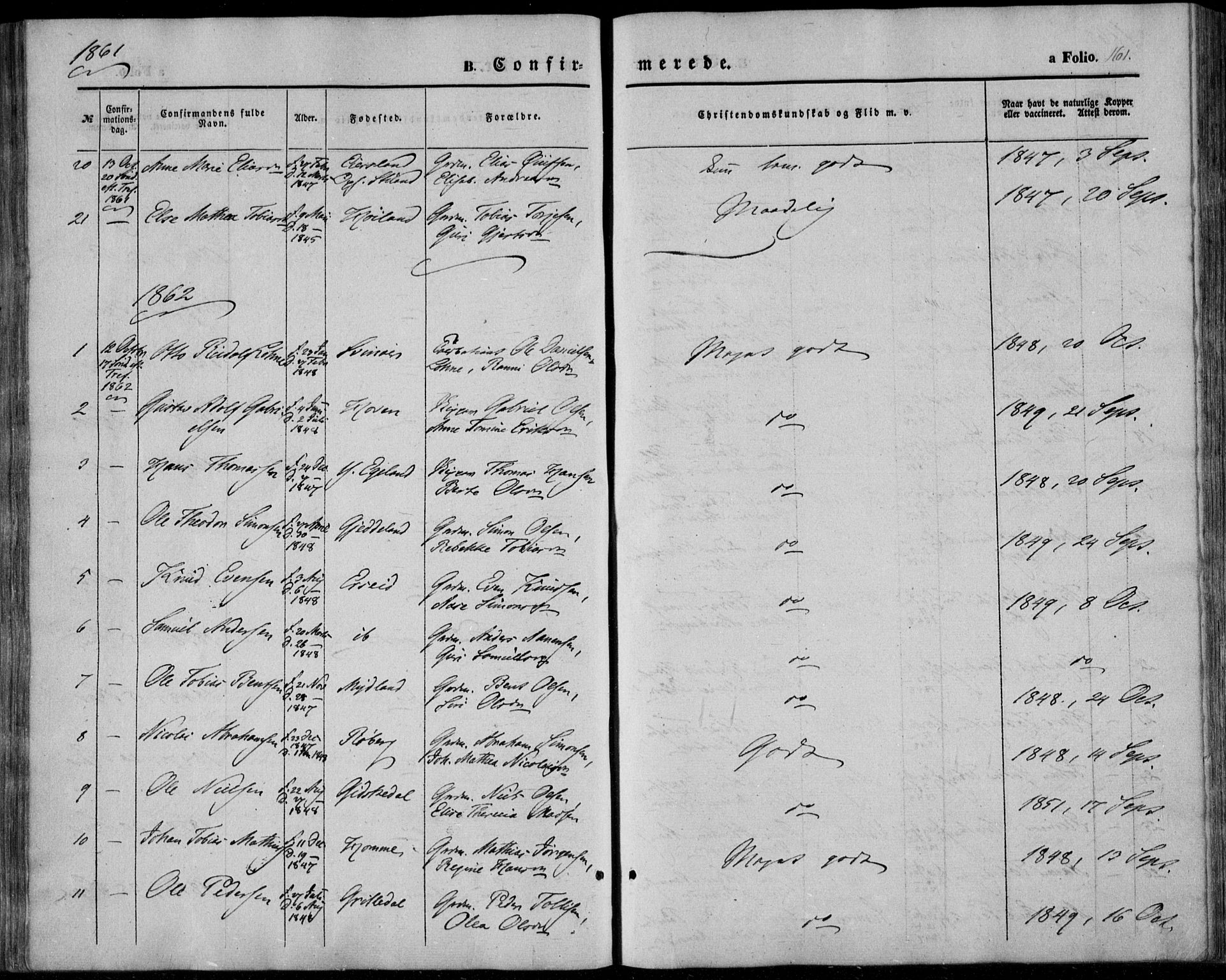 Sør-Audnedal sokneprestkontor, SAK/1111-0039/F/Fa/Fab/L0007: Parish register (official) no. A 7, 1855-1876, p. 161