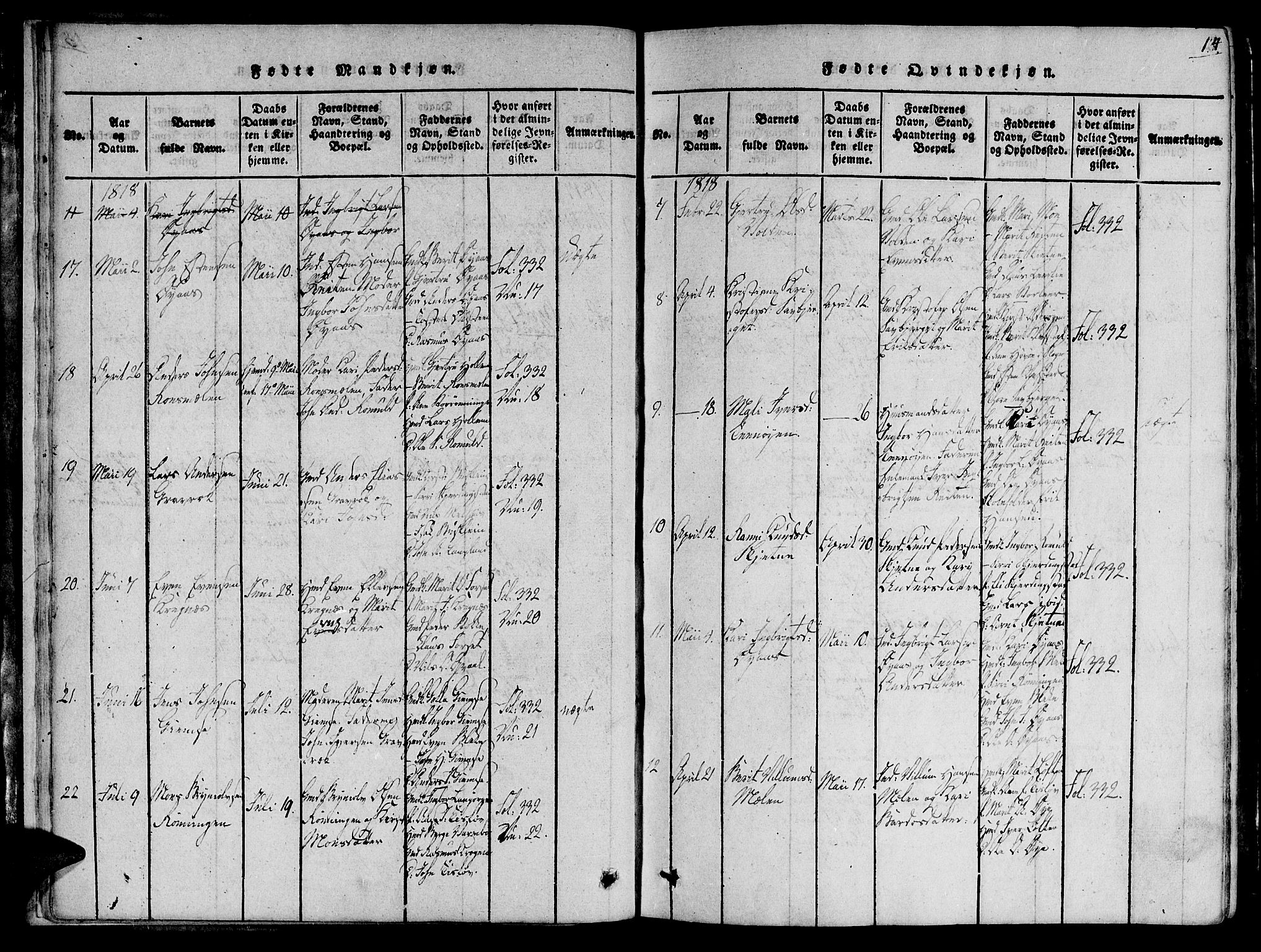 Ministerialprotokoller, klokkerbøker og fødselsregistre - Sør-Trøndelag, SAT/A-1456/691/L1065: Parish register (official) no. 691A03 /1, 1816-1826, p. 14