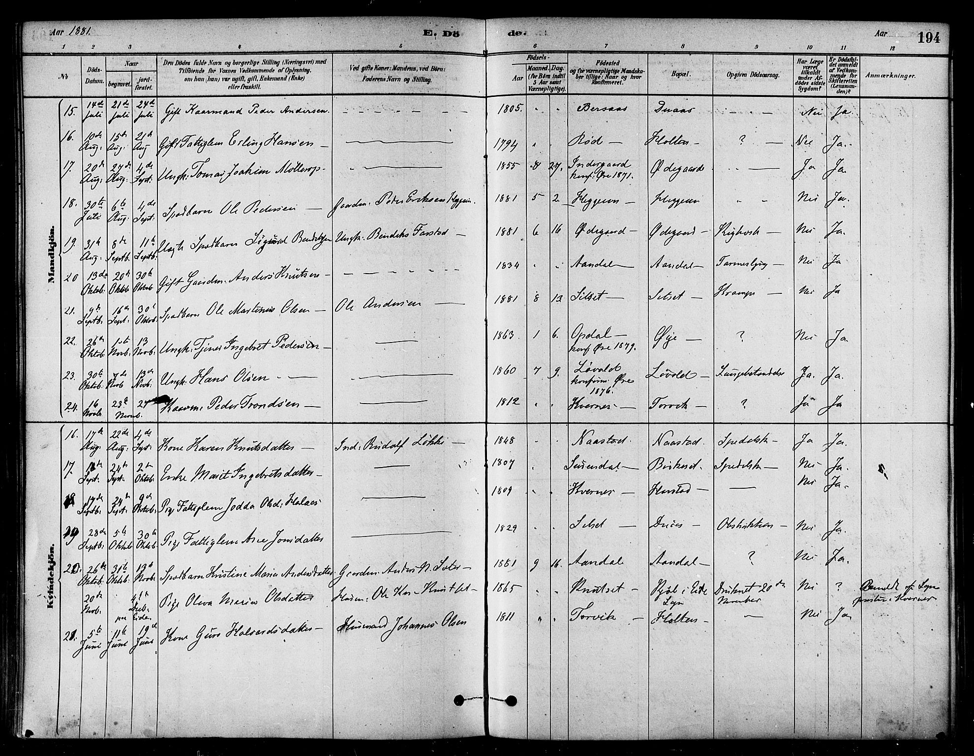 Ministerialprotokoller, klokkerbøker og fødselsregistre - Møre og Romsdal, AV/SAT-A-1454/584/L0967: Parish register (official) no. 584A07, 1879-1894, p. 194