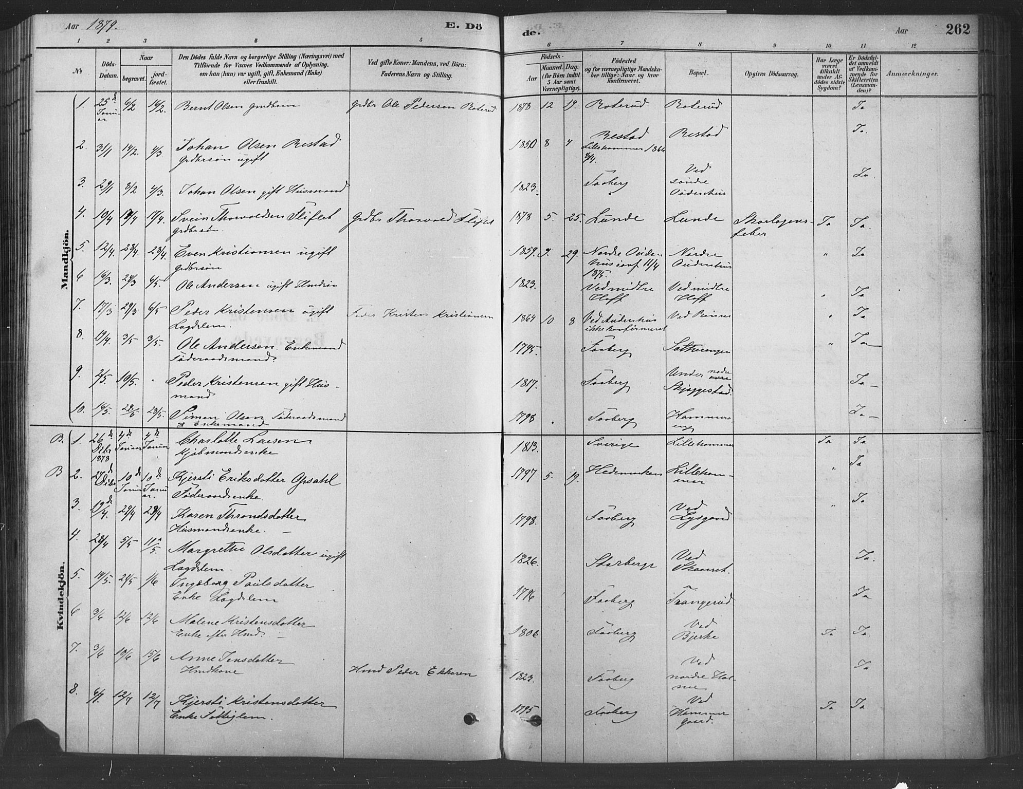 Fåberg prestekontor, SAH/PREST-086/H/Ha/Haa/L0009: Parish register (official) no. 9, 1879-1898, p. 262