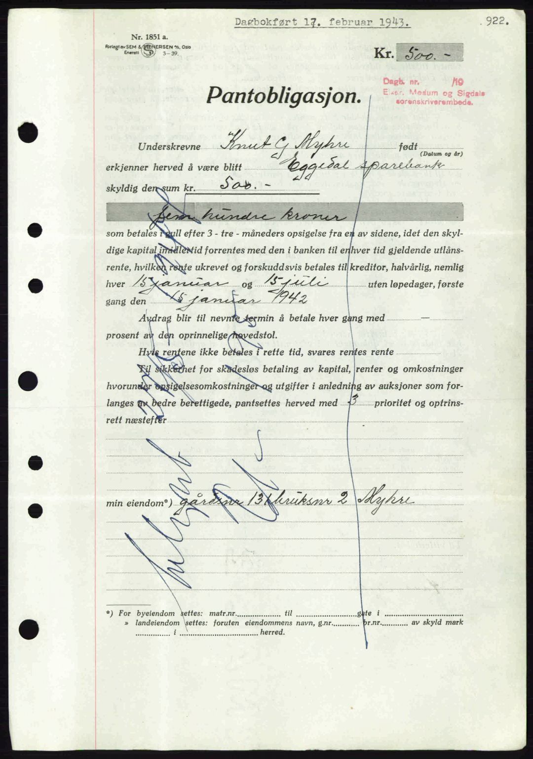 Eiker, Modum og Sigdal sorenskriveri, SAKO/A-123/G/Ga/Gab/L0047: Mortgage book no. A17, 1942-1943, Diary no: : 335/1943