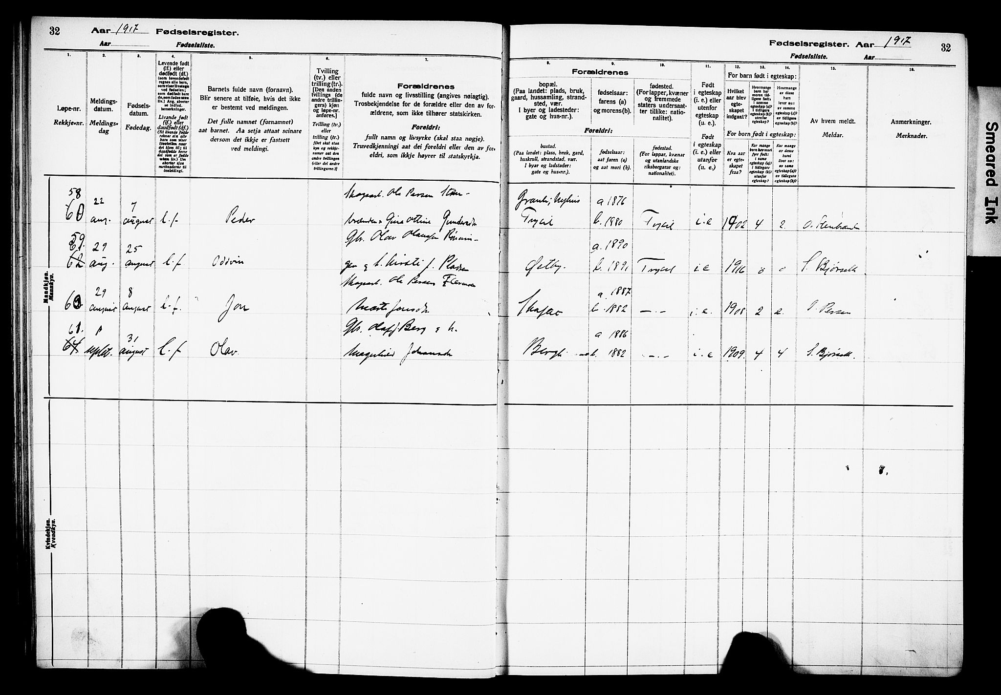 Trysil prestekontor, SAH/PREST-046/I/Id: Birth register no. 1, 1916-1927, p. 32