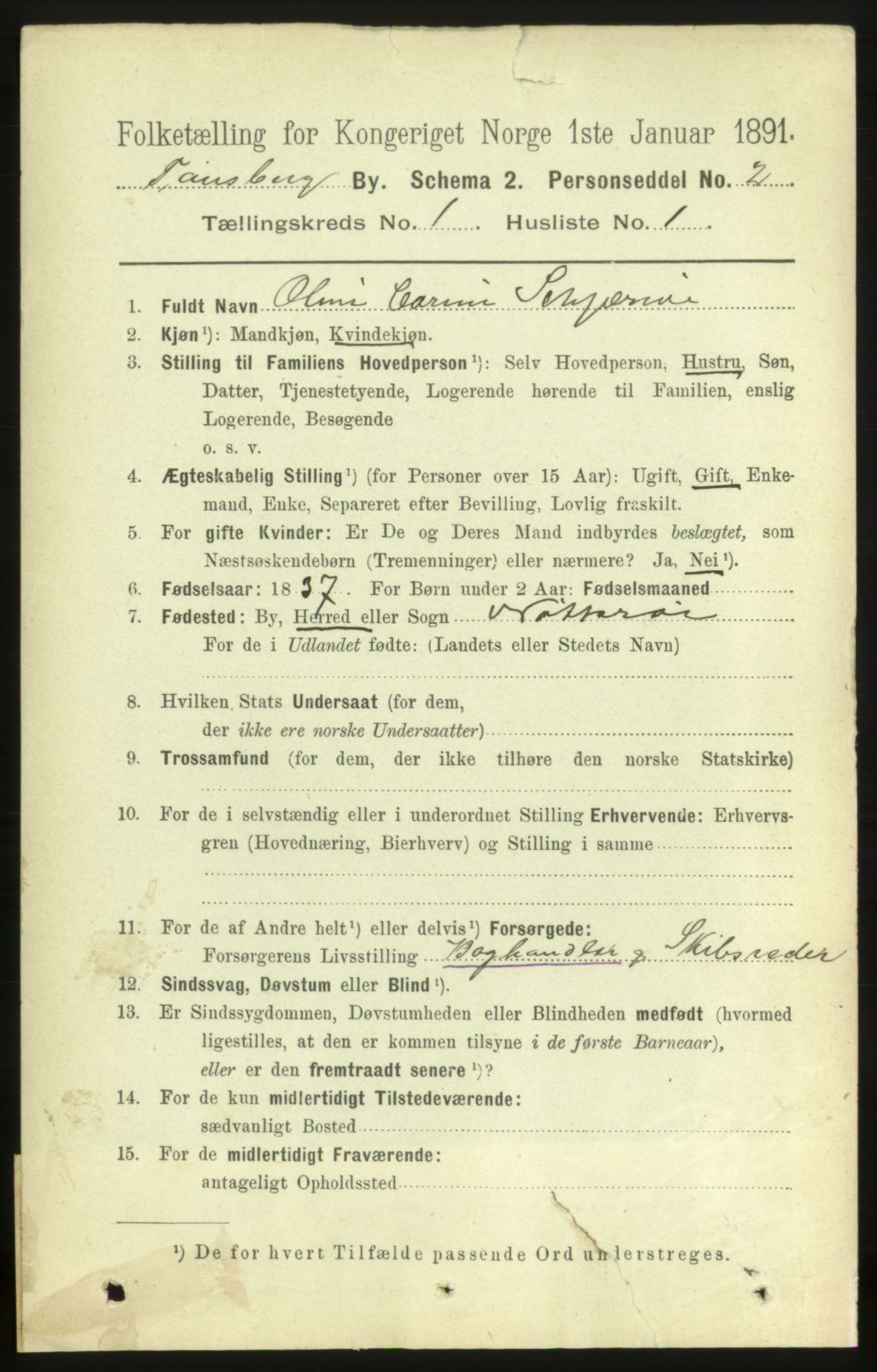 RA, 1891 census for 0705 Tønsberg, 1891, p. 1166