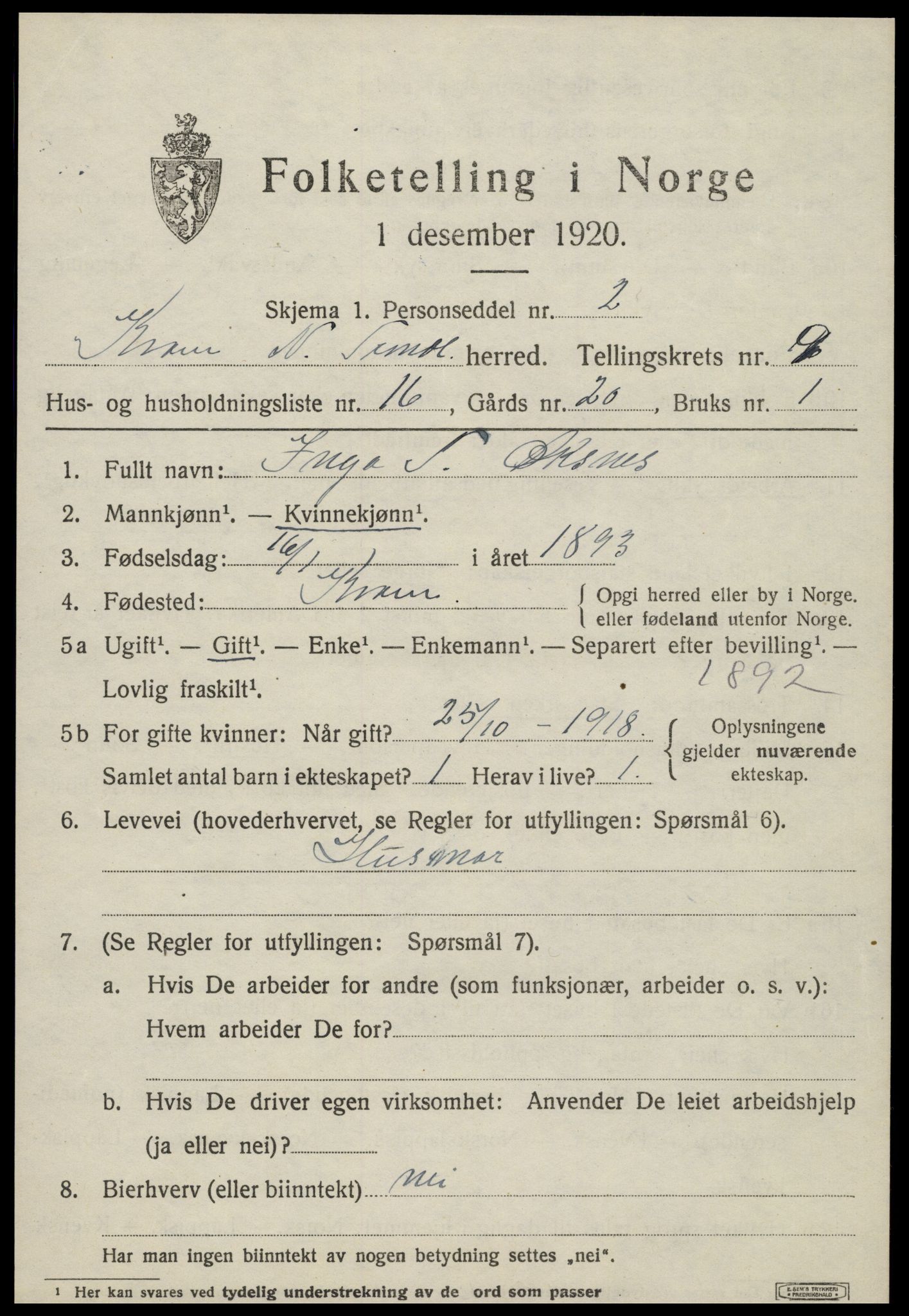 SAT, 1920 census for Kvam, 1920, p. 2503