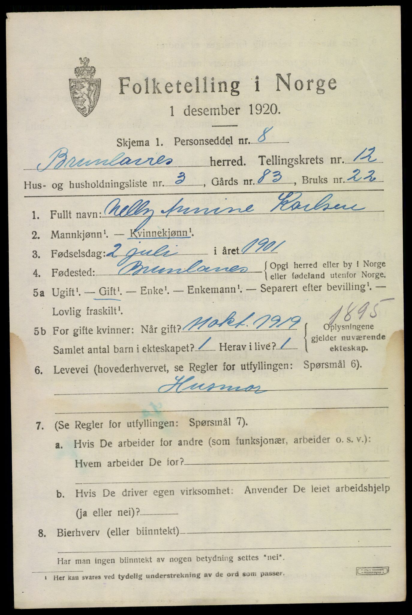 SAKO, 1920 census for Brunlanes, 1920, p. 10533