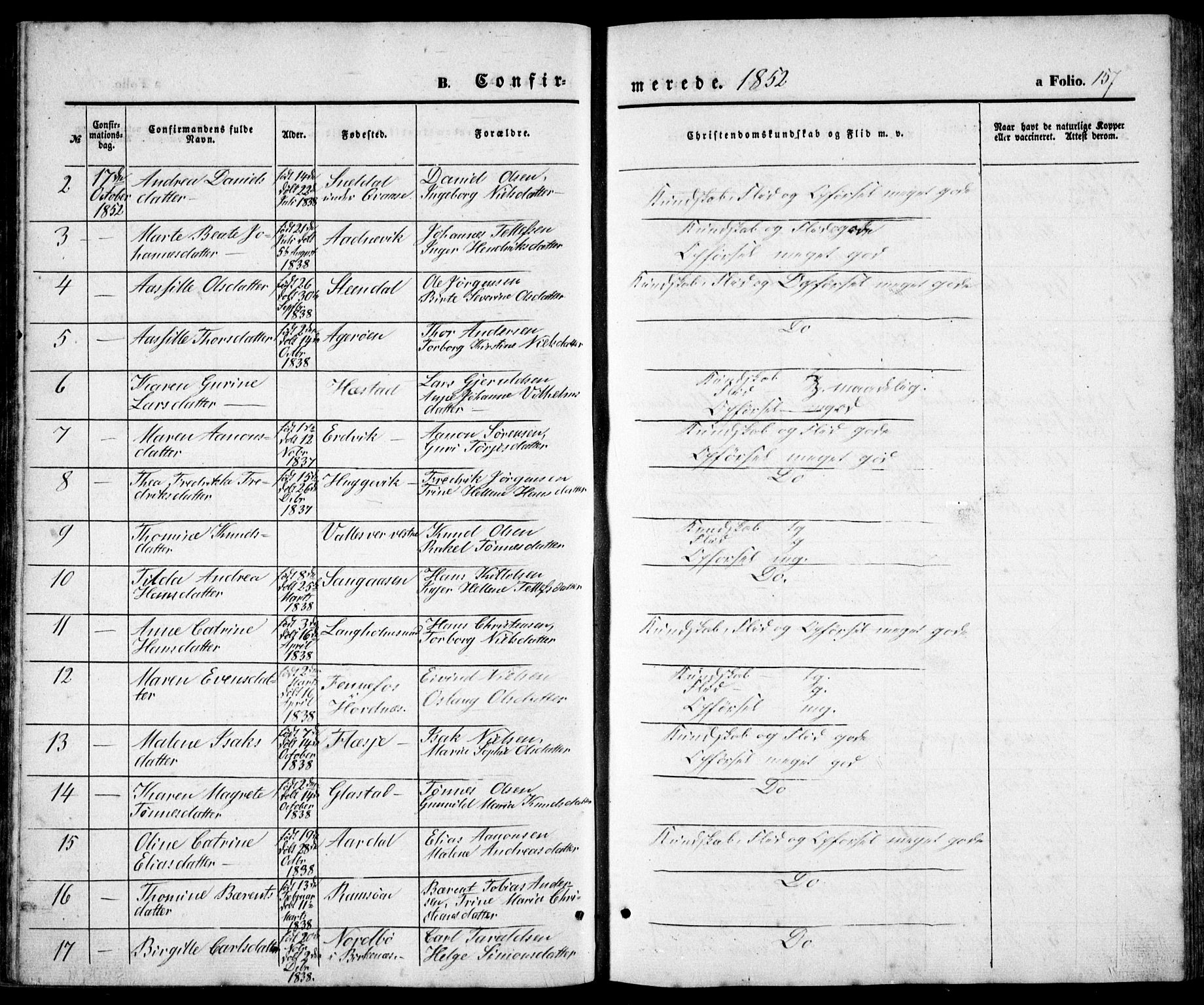 Høvåg sokneprestkontor, SAK/1111-0025/F/Fb/L0002: Parish register (copy) no. B 2, 1847-1869, p. 157