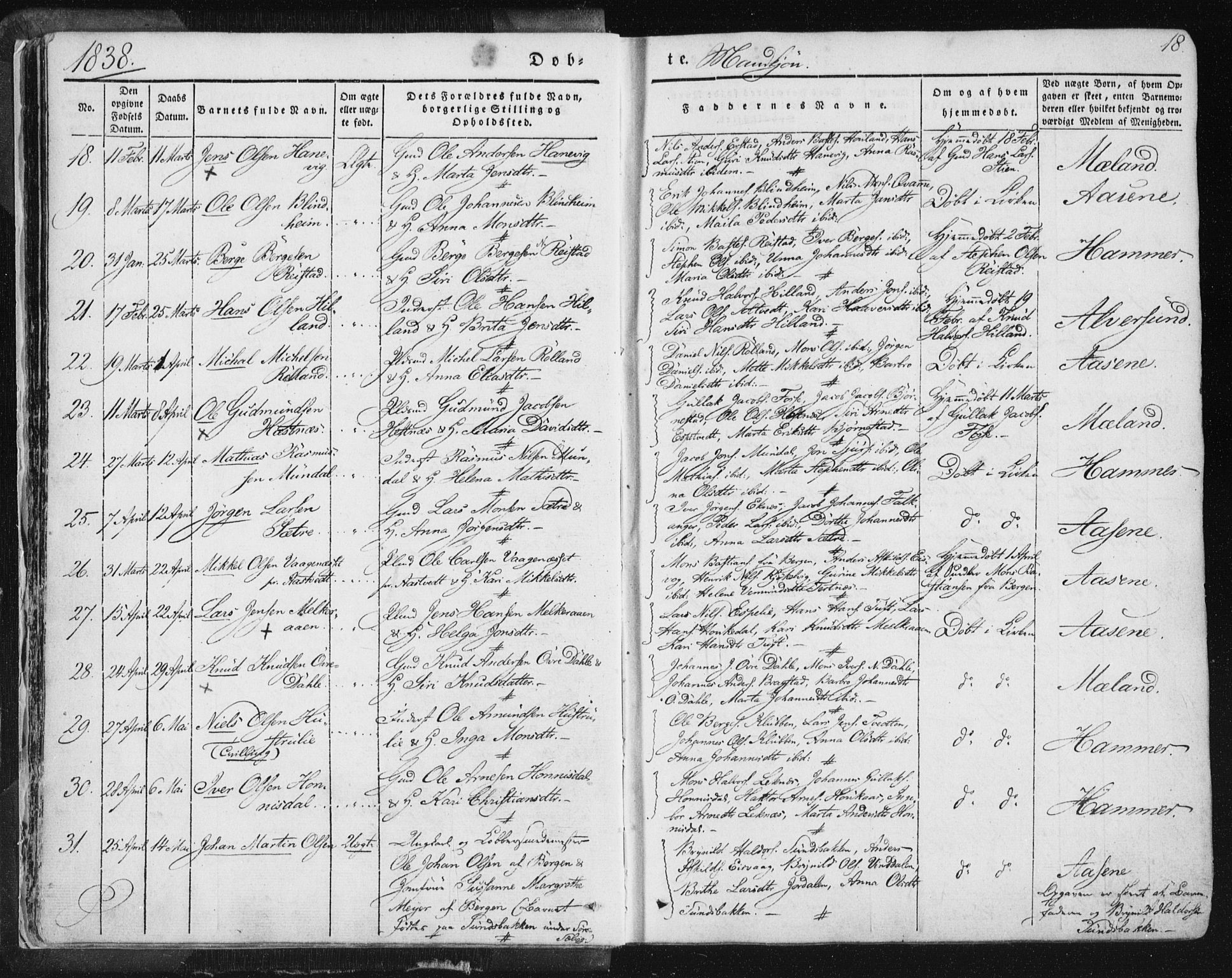 Hamre sokneprestembete, AV/SAB-A-75501/H/Ha/Haa/Haaa/L0012: Parish register (official) no. A 12, 1834-1845, p. 18