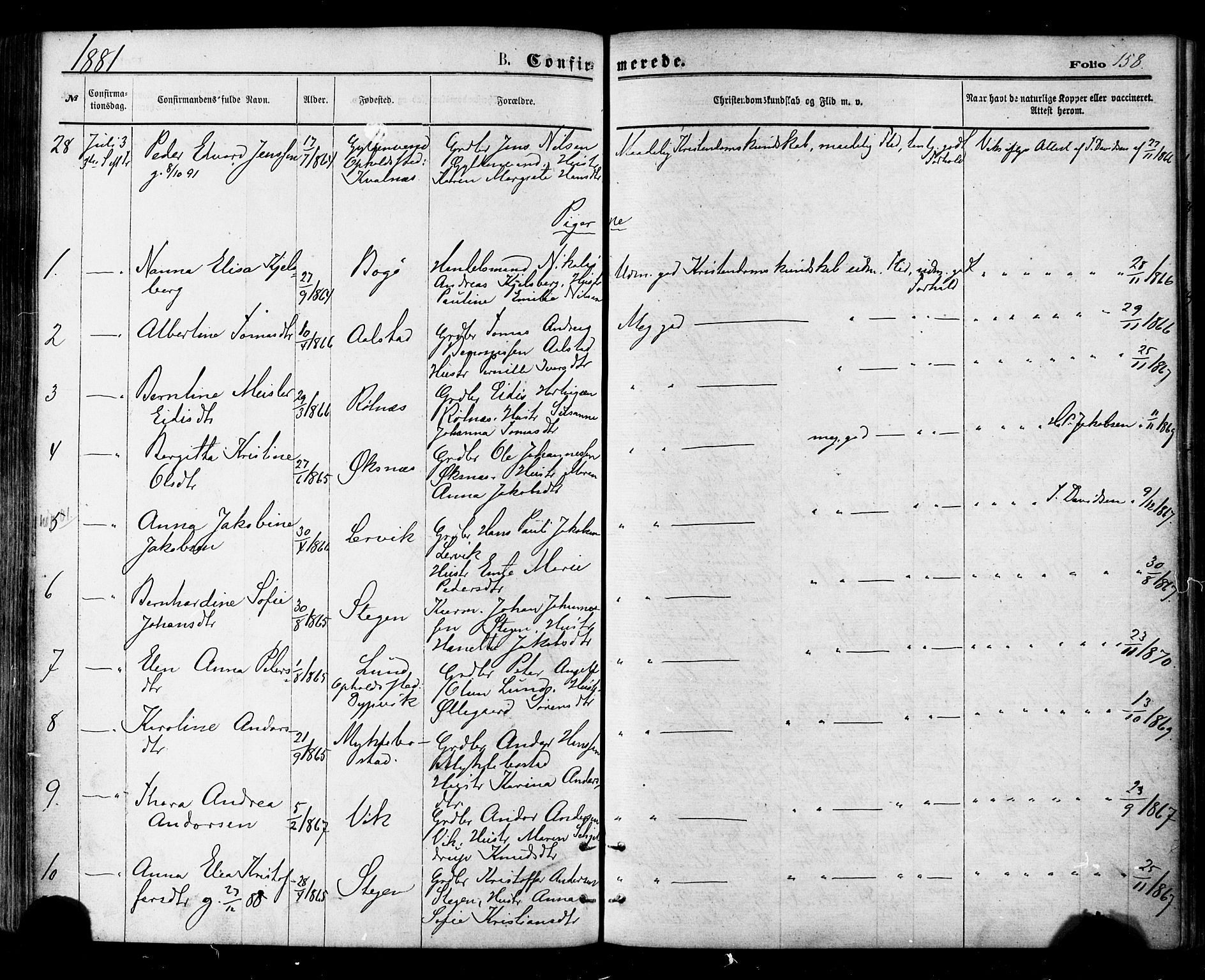 Ministerialprotokoller, klokkerbøker og fødselsregistre - Nordland, AV/SAT-A-1459/855/L0802: Parish register (official) no. 855A10, 1875-1886, p. 158