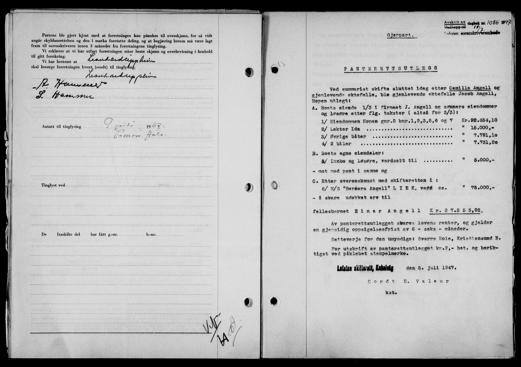 Lofoten sorenskriveri, SAT/A-0017/1/2/2C/L0016a: Mortgage book no. 16a, 1947-1947, Diary no: : 1086/1947