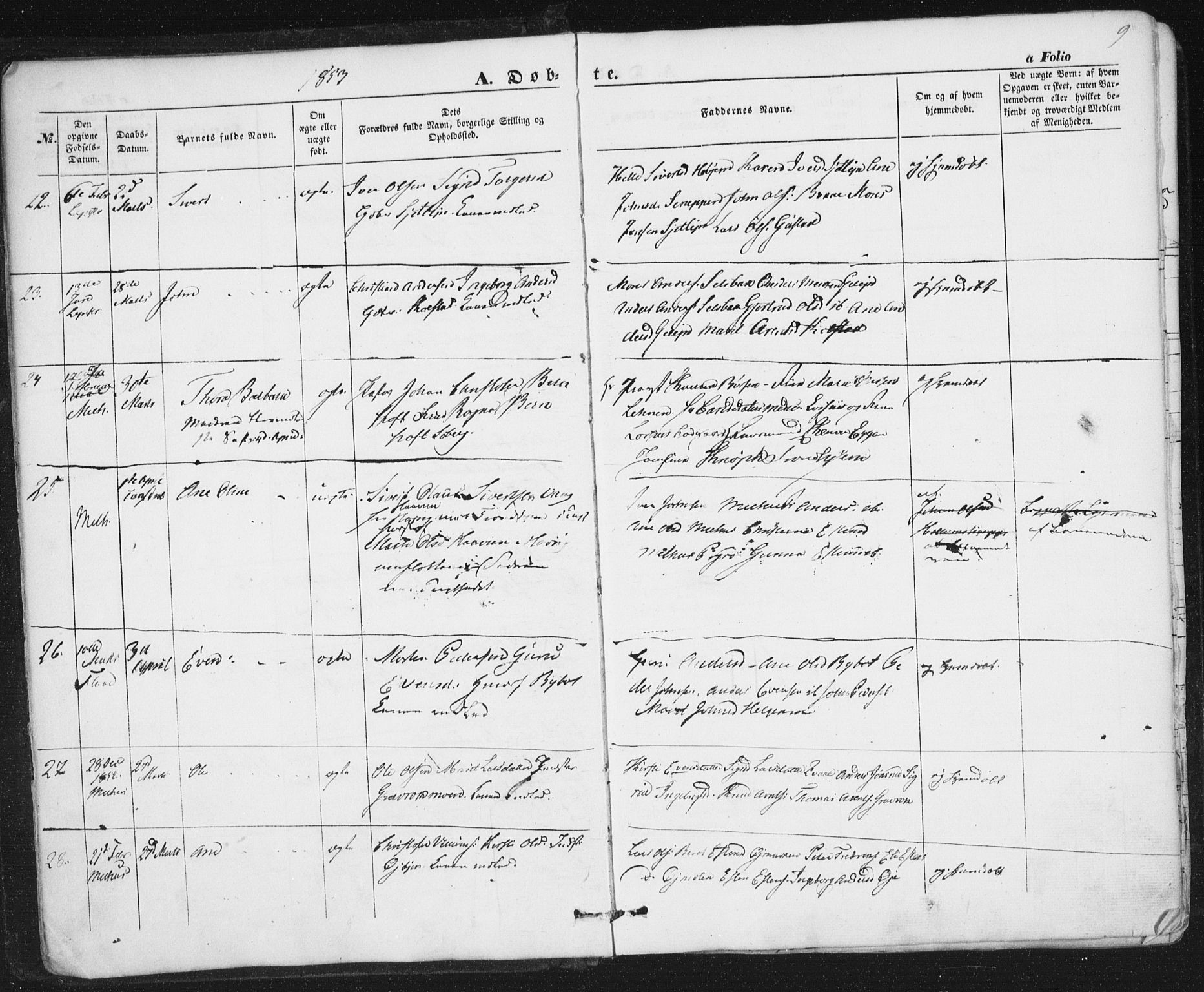 Ministerialprotokoller, klokkerbøker og fødselsregistre - Sør-Trøndelag, AV/SAT-A-1456/691/L1076: Parish register (official) no. 691A08, 1852-1861, p. 9