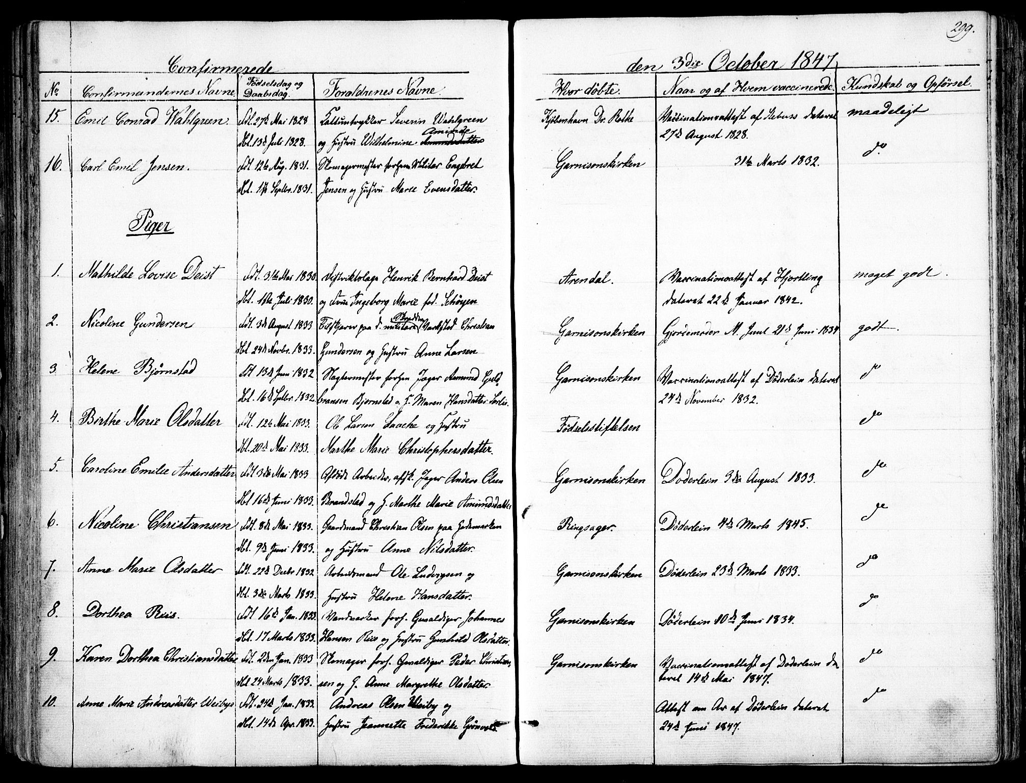 Garnisonsmenigheten Kirkebøker, SAO/A-10846/F/Fa/L0008: Parish register (official) no. 8, 1842-1859, p. 299