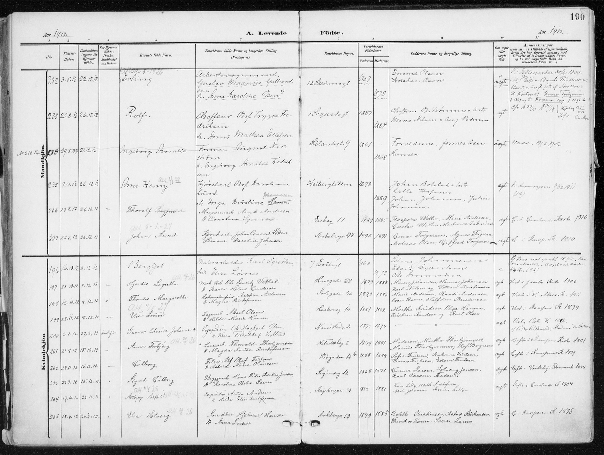 Kampen prestekontor Kirkebøker, SAO/A-10853/F/Fa/L0010: Parish register (official) no. I 10, 1905-1917, p. 190