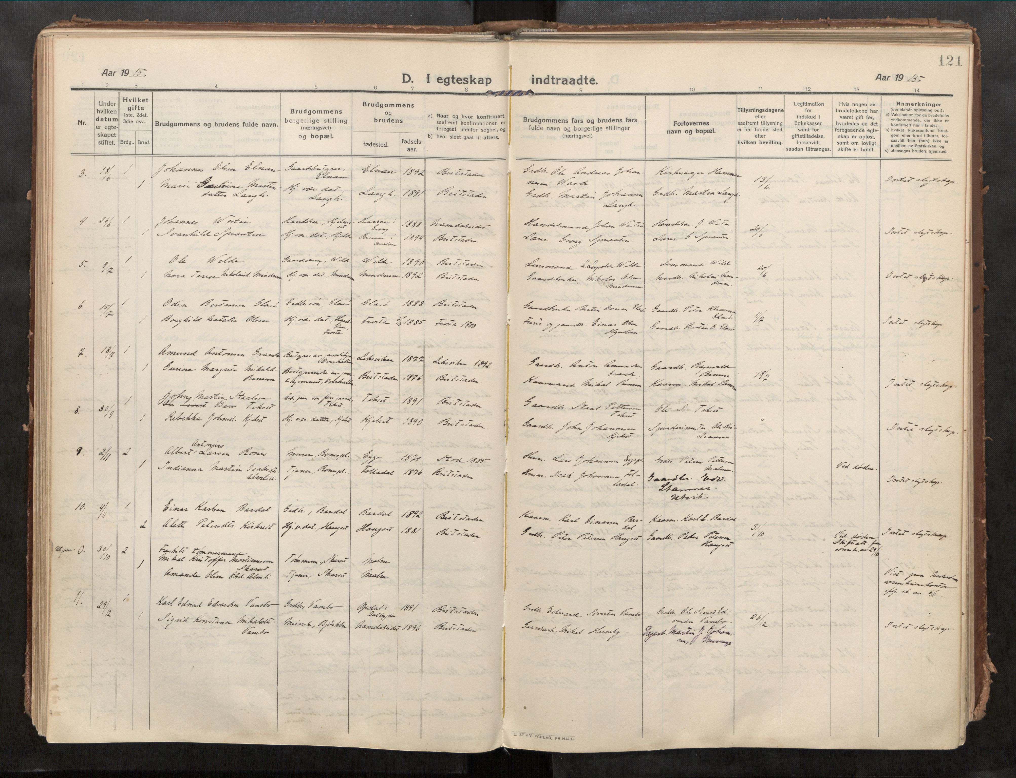 Beitstad sokneprestkontor, SAT/A-1162/I/I1/I1a/L0001: Parish register (official) no. 1, 1912-1927, p. 121