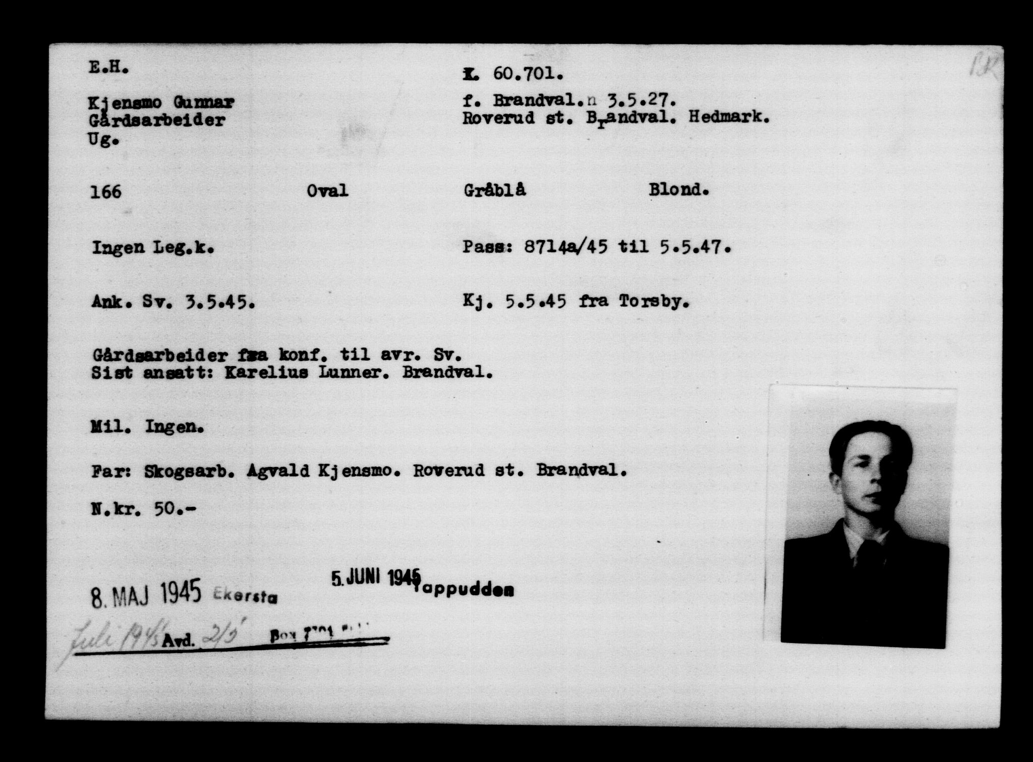 Utenriksstasjonene, Legasjonen i Stockholm, Flyktningkontoret, AV/RA-S-6753/V/Va/L0021: Kjesäterkartoteket, flyktninger med registreringsnr. 58200-61089, 1940-1945, p. 1036